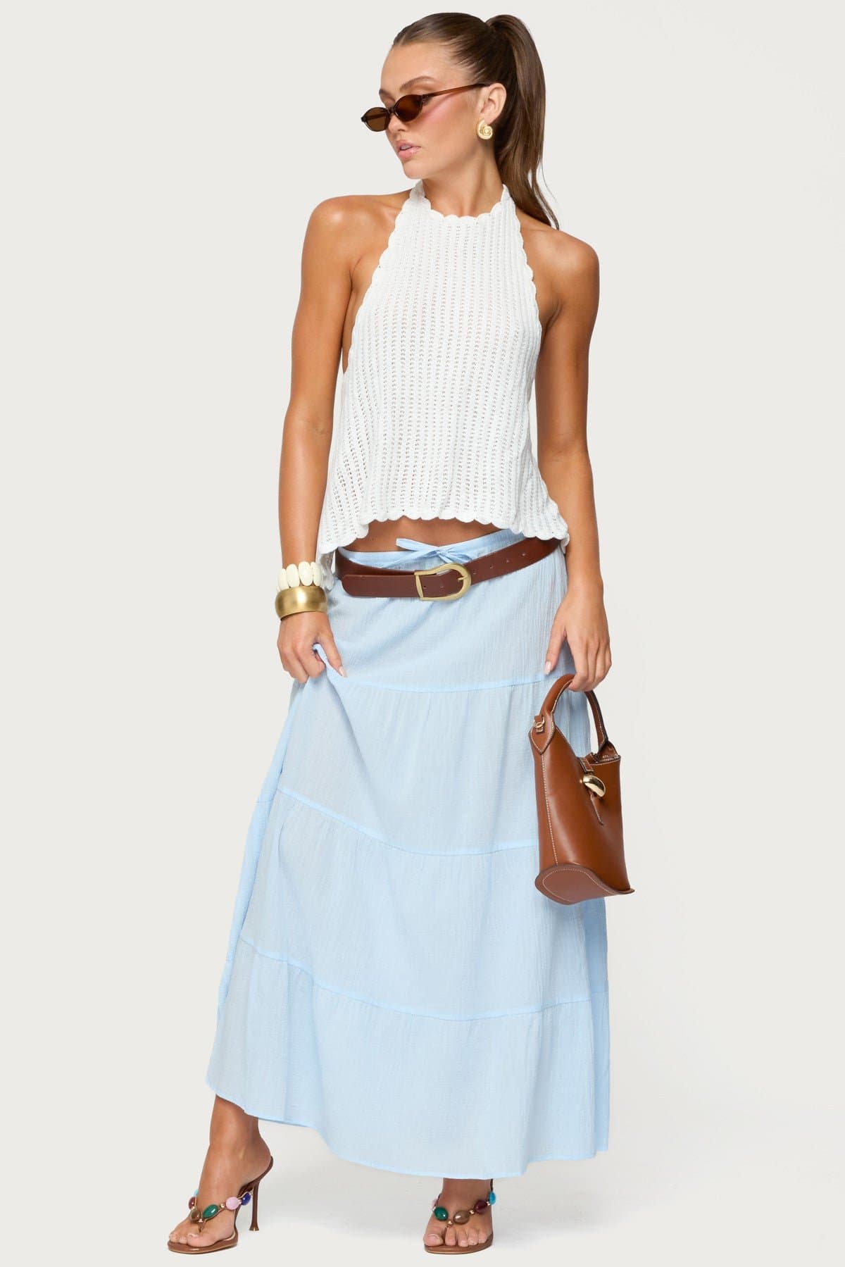 Ivey Backless Crochet Halter Top - Acrylic High Neck Open Back Scalloped Trim