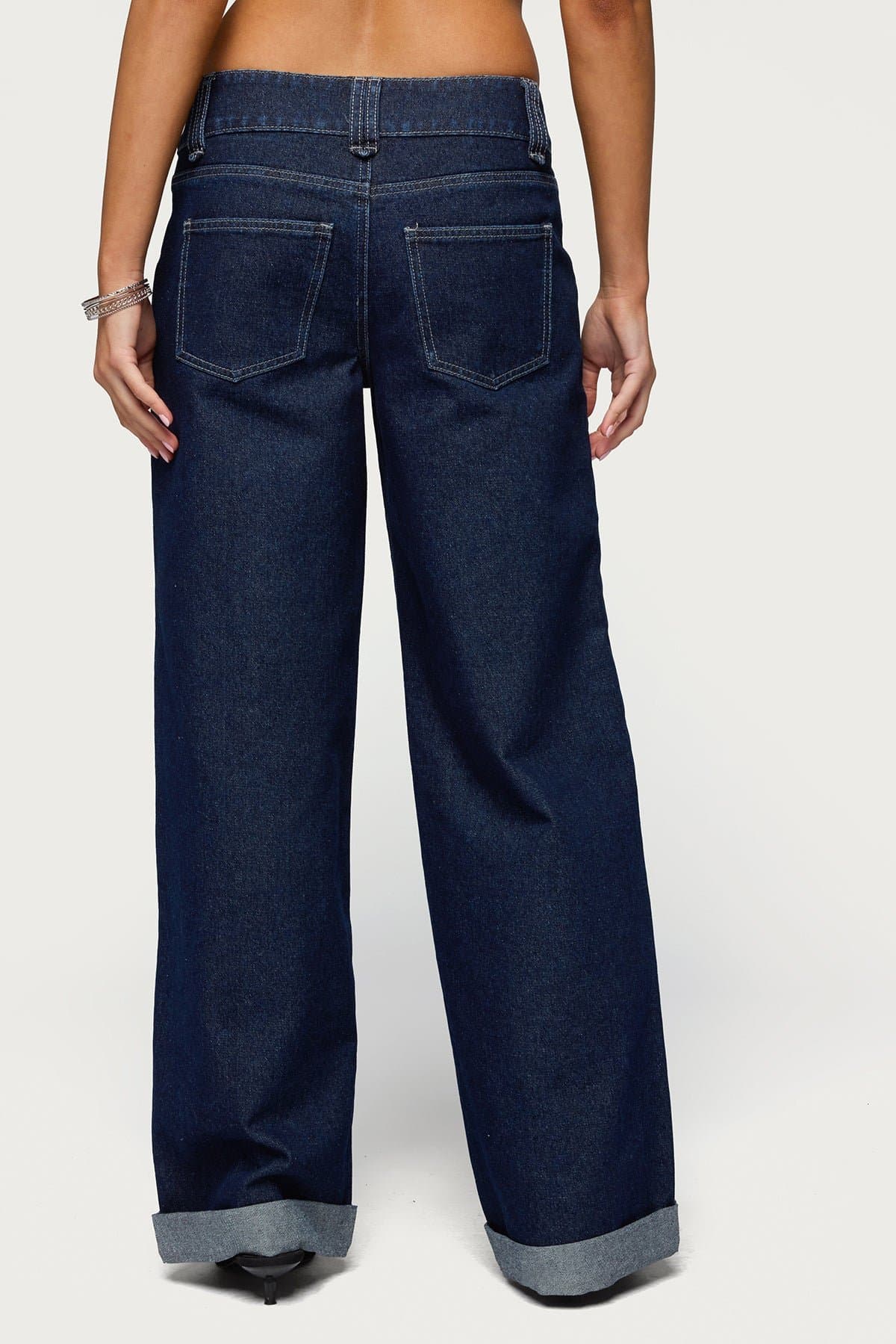 Cuffed Low Rise Straight Leg Jeans in Rigid Cotton Denim