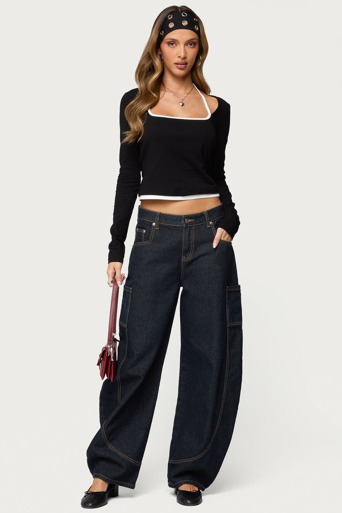 Ksenia Contrast Layered Square Neck Long Sleeve Top - Cotton Spandex