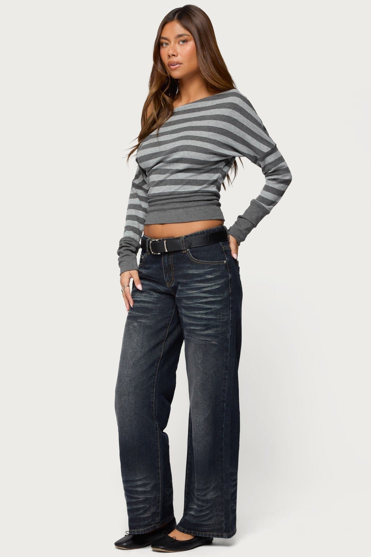 Marniee Striped Off Shoulder Long Sleeve Top with Cinched Waist