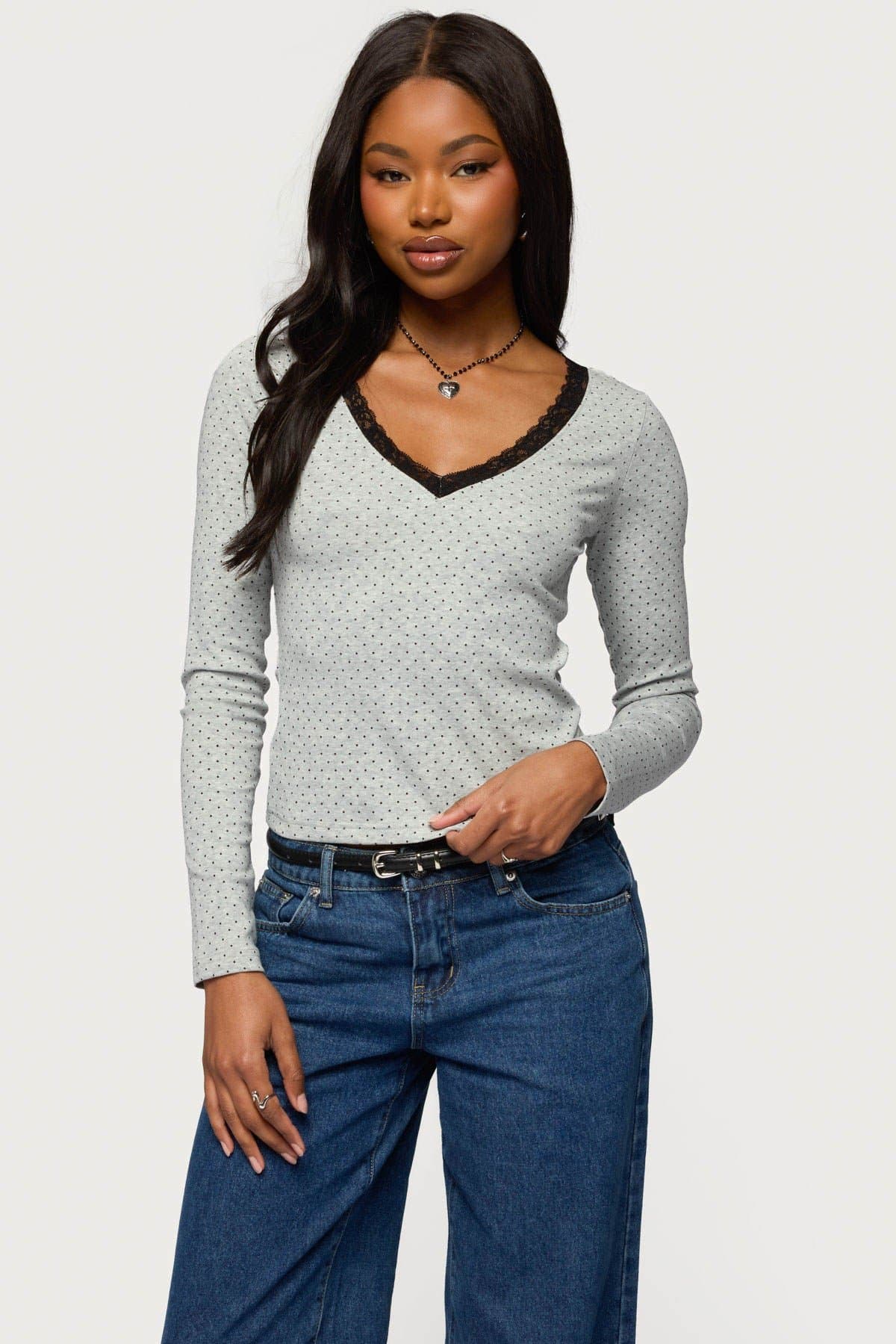 Morah Lacey Polka Dot Long Sleeve V-Neck Top - Cotton Polyester Spandex
