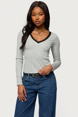 Morah Lacey Polka Dot Long Sleeve V-Neck Top - Cotton Polyester Spandex
