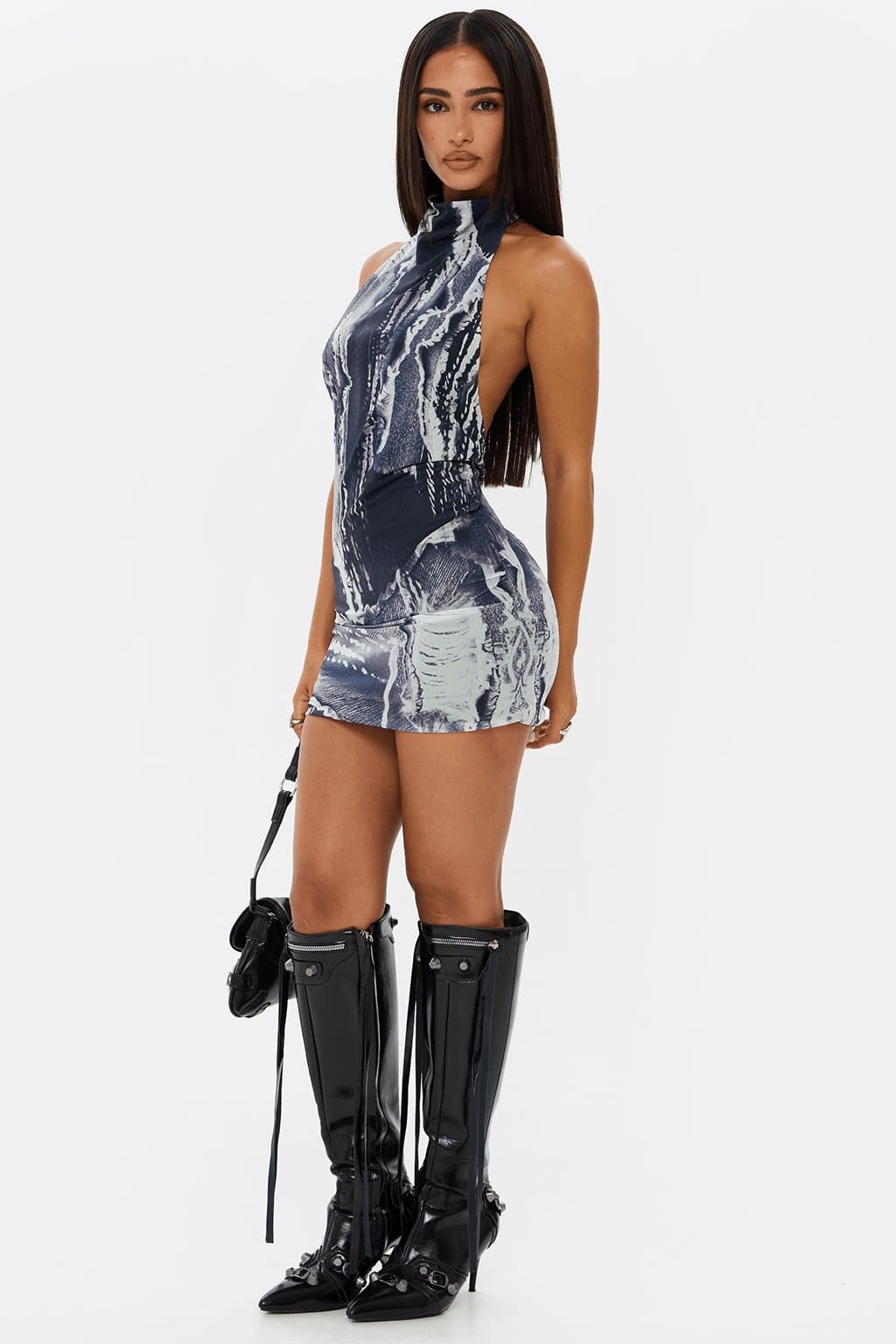 Fray Printed Mesh Halter Neck Micro Mini Dress Loose Fit Low Back