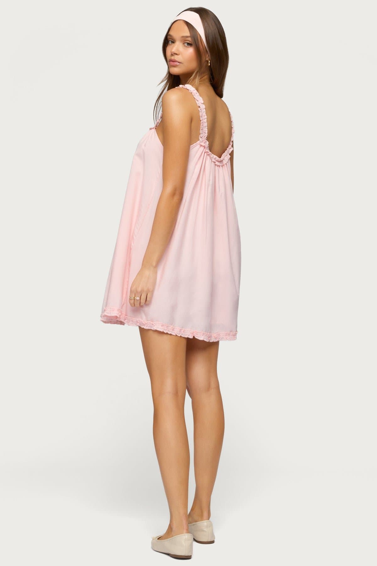Christena Ruffle Mini Dress with Hem Trim & Center Bow Detail Rayon