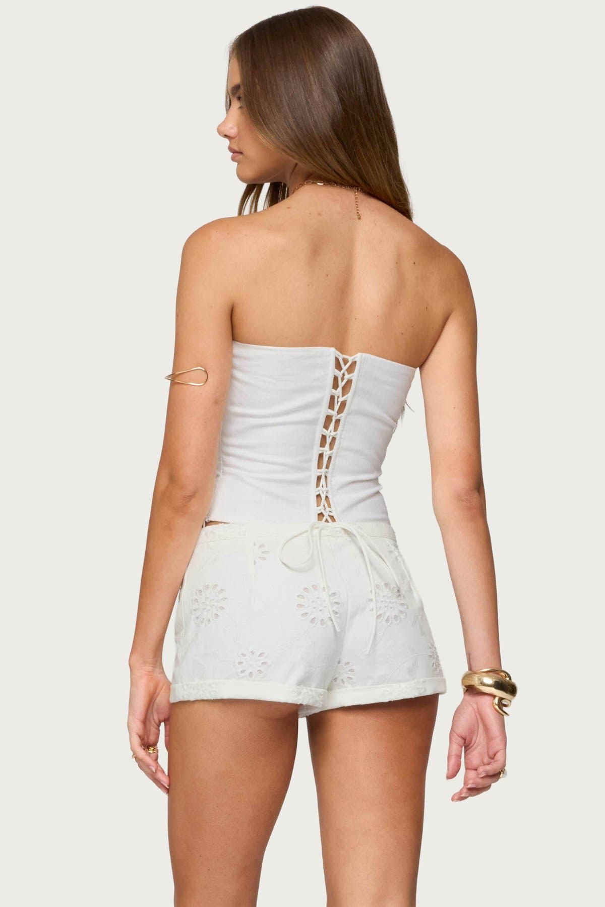 Hadar Linen Look Strapless Boned Corset 100% Cotton Lace Up Back