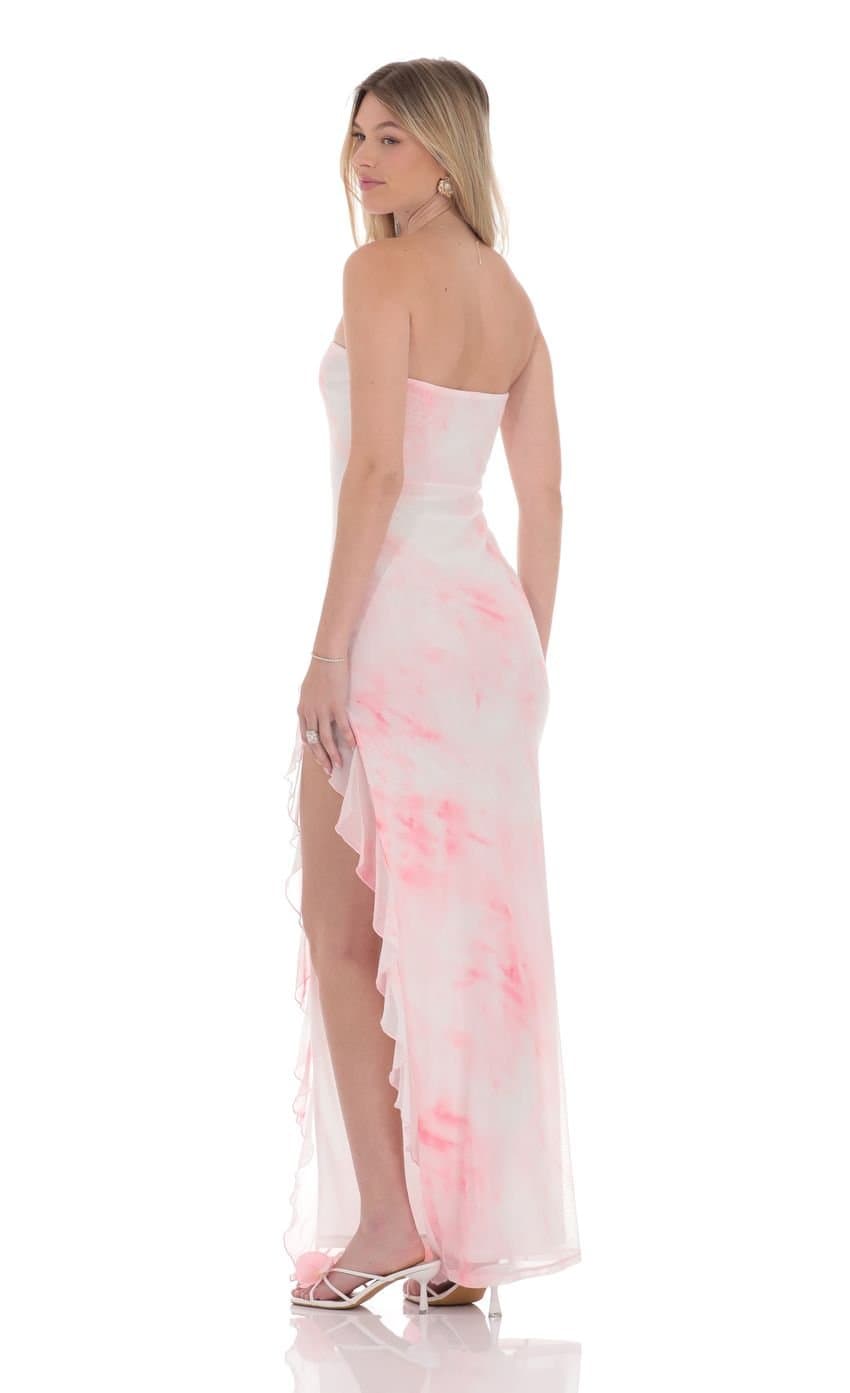 Tie Dye Mesh Ruffle Slit Maxi Dress in White
