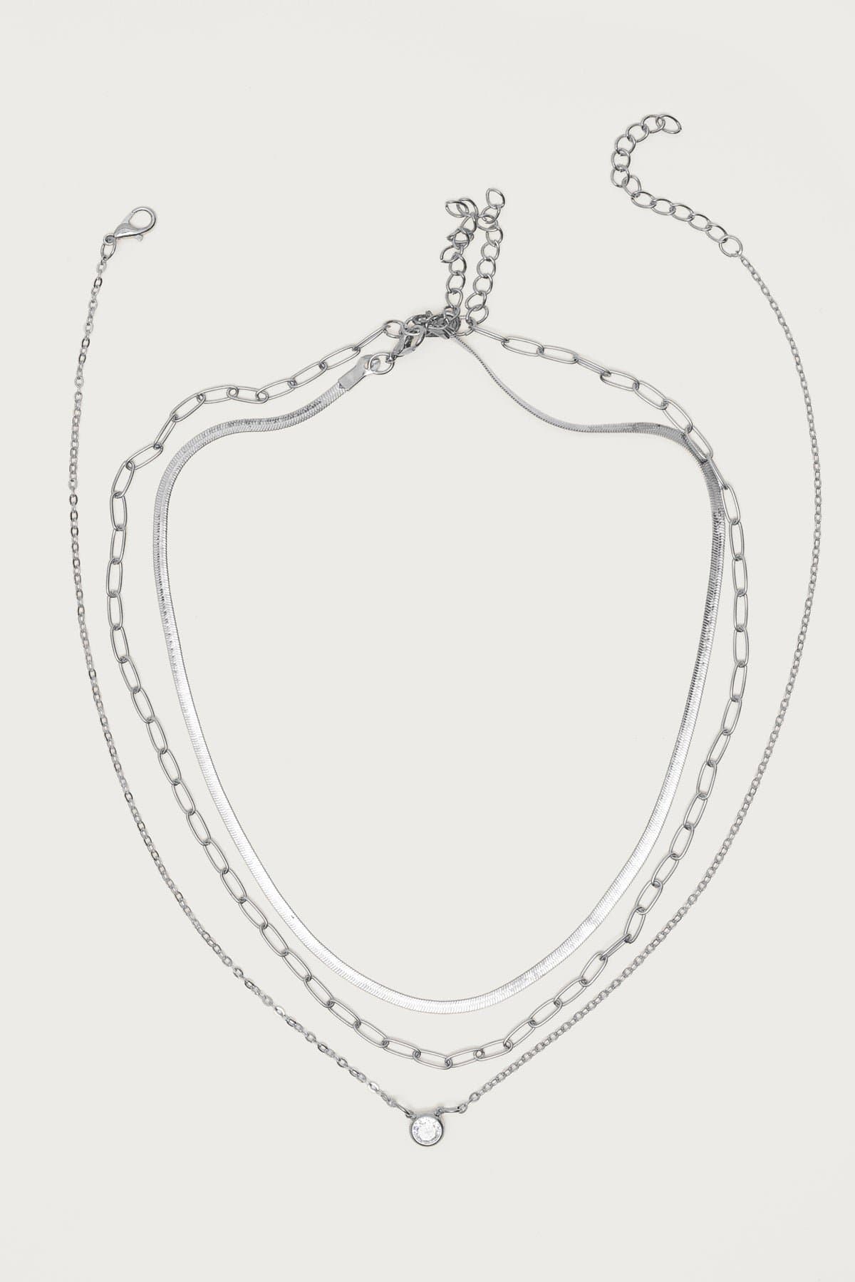 Mixed Chain Necklace Set with Pendant Detailing Silver Tone Metal 16.7-18.7in