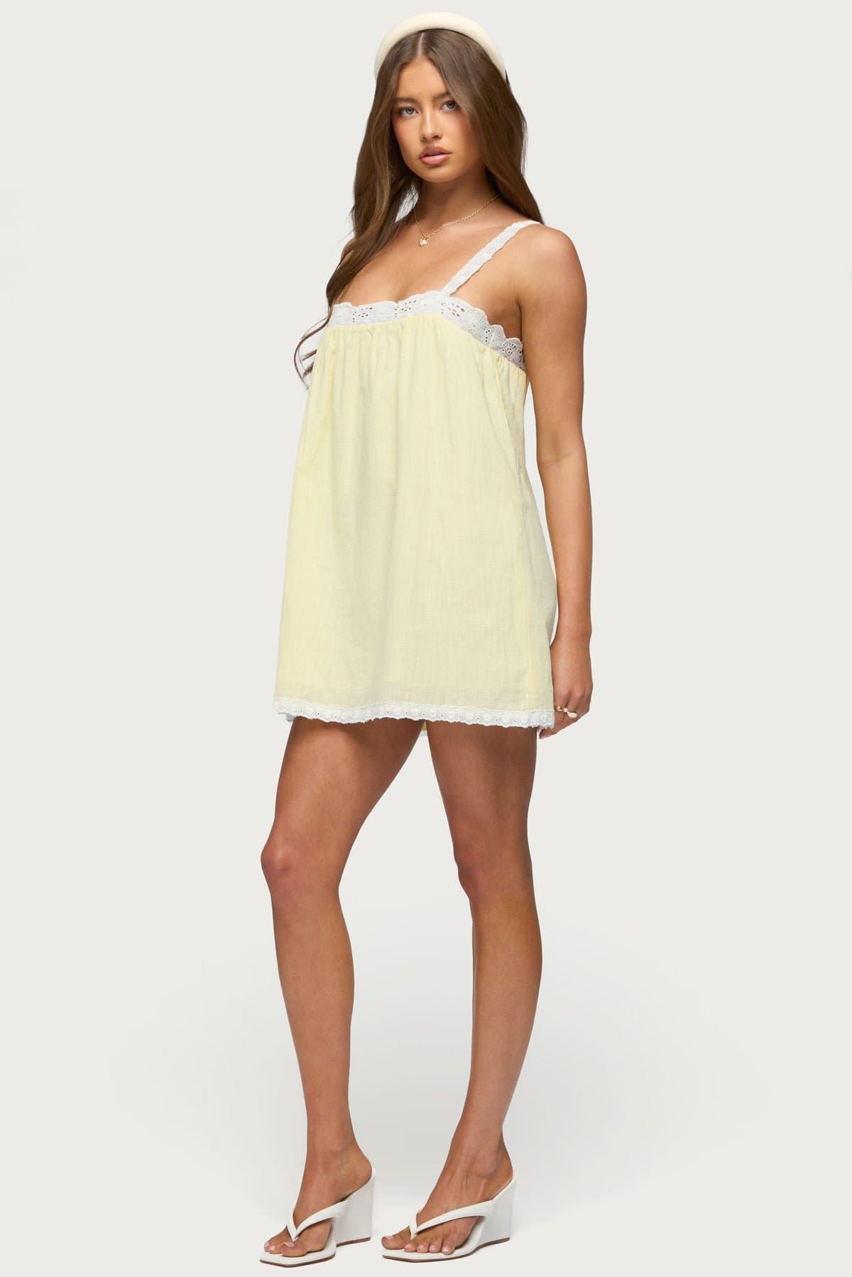 Hipla Contrast Lacey Cotton Mini Dress - Adjustable Straps, Lace Trim, 100% Cotton