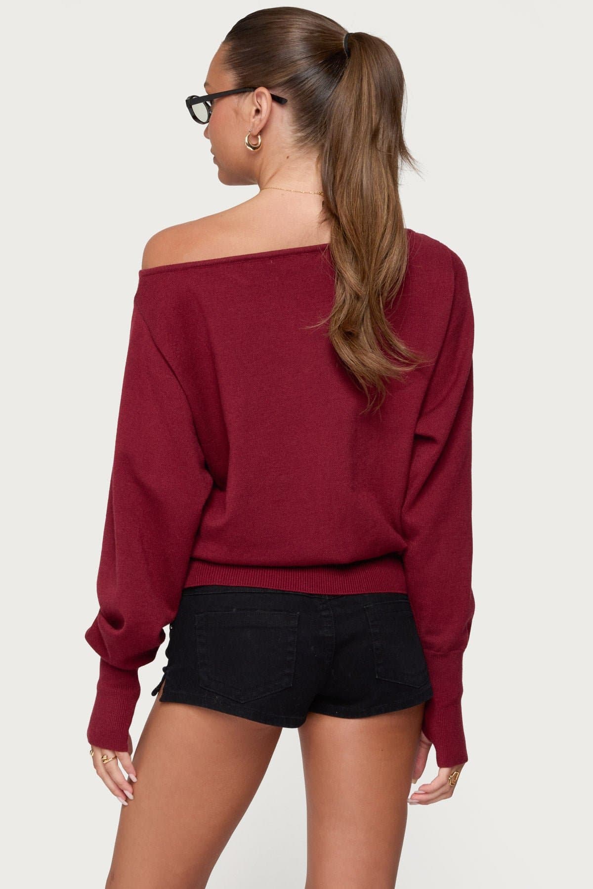 Off Shoulder Oversized Acrylic Sweater with Thumb Holes