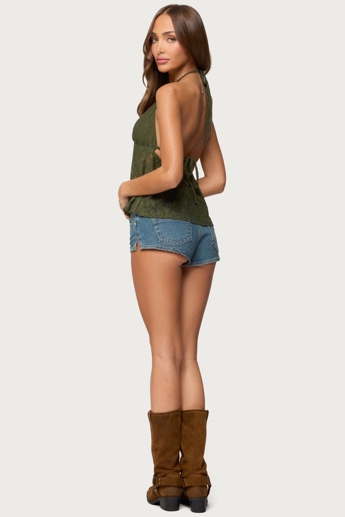 Sheer Crochet Babydoll Halter Top - Deep V Neckline, Back Tie Closure, Polyester Cotton