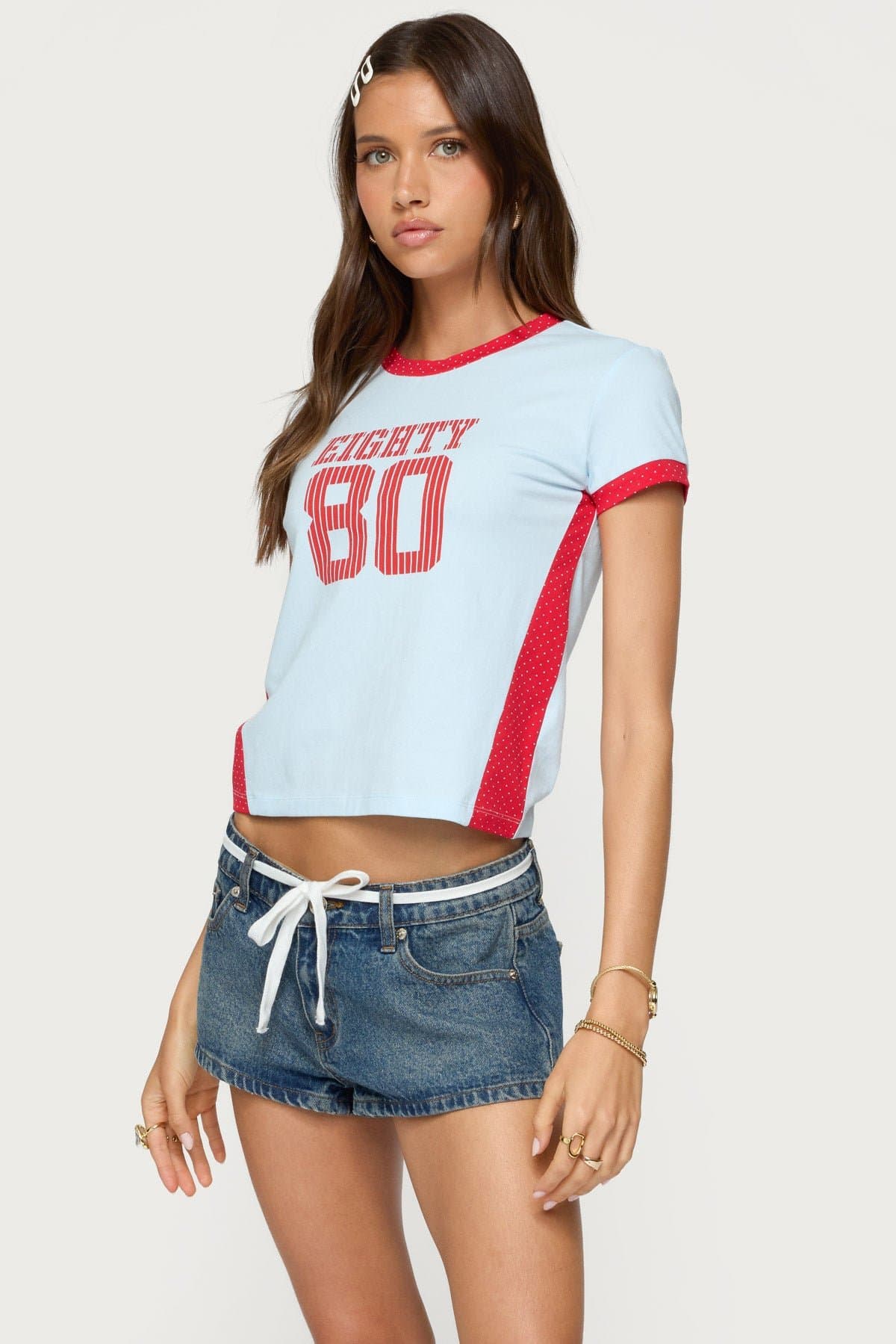 Eighty Polka Dot Contrast T-Shirt - Cotton Spandex Graphic Print