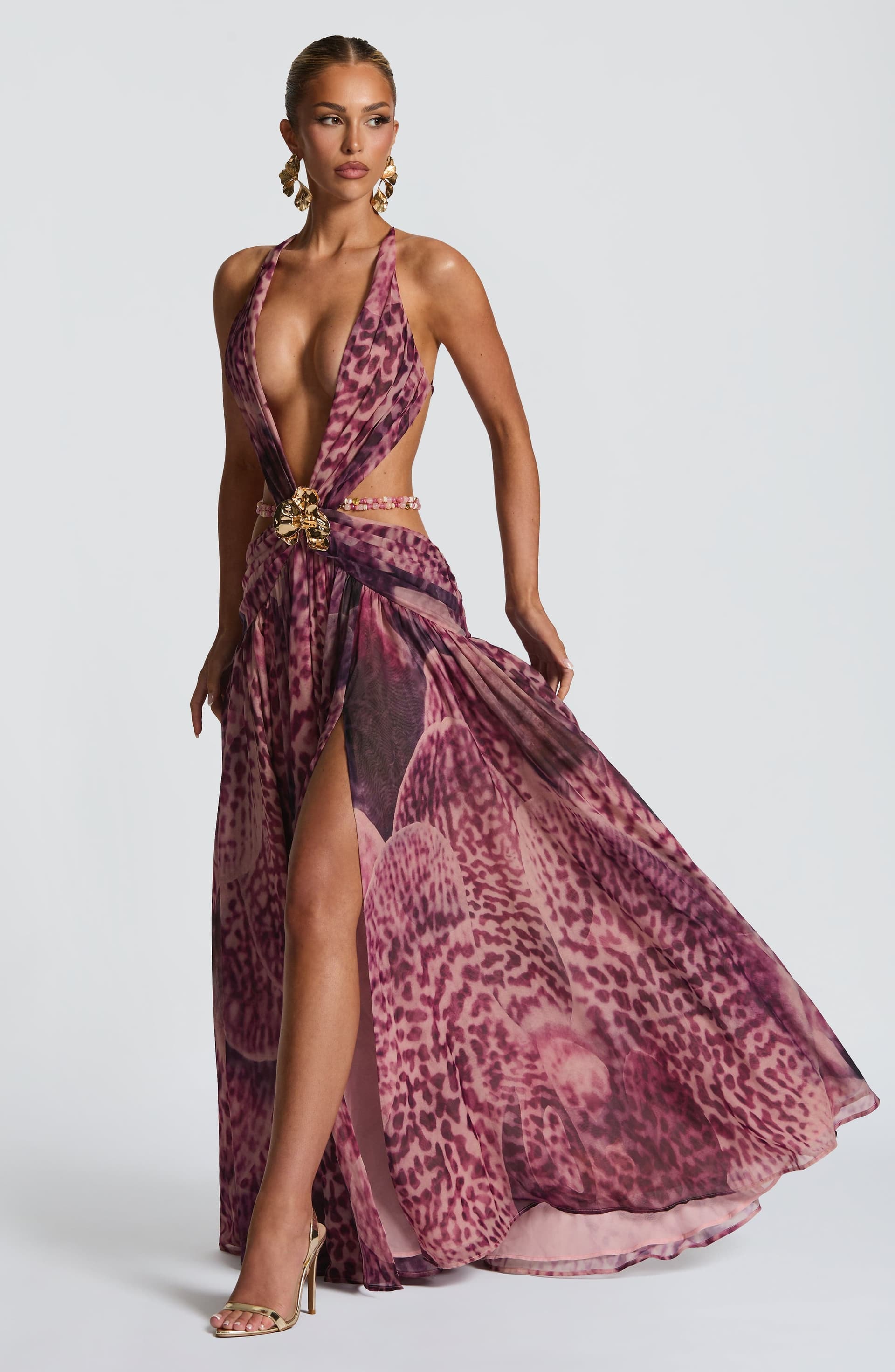 Indianna Maxi Dress Magenta Orchid Print Chiffon Plunge Neckline Backless