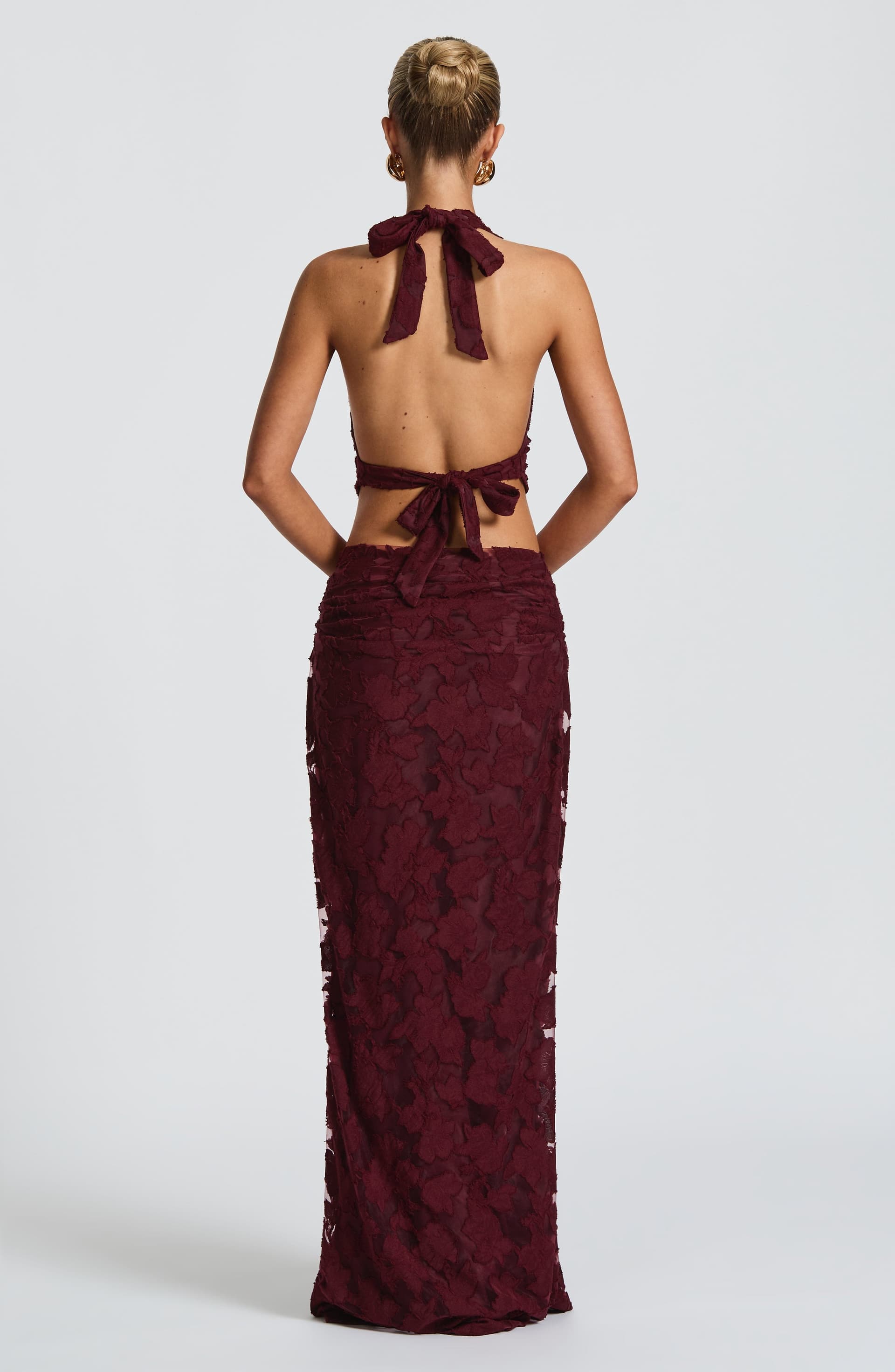 Myra Maxi Skirt Cherry Lacquer Floral Burnout Jersey Mid-Rise Pleated