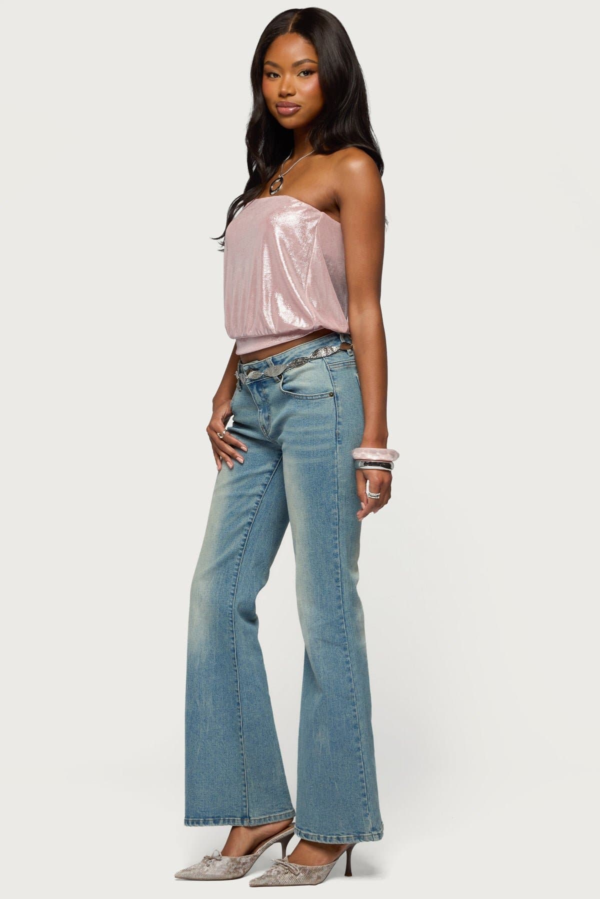 Leira Silky Sparkly Strapless Top with Cinched Waistband Polyester Spandex