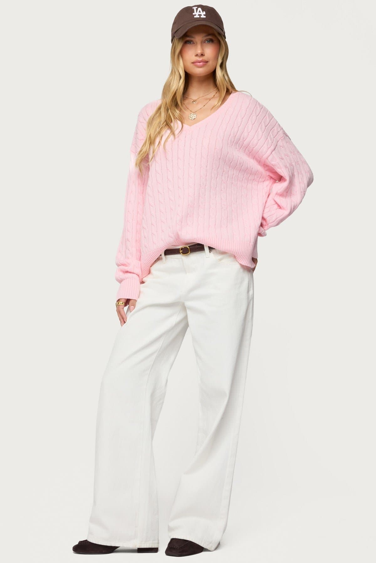 Polly V Neck Cable Knit Sweater 100% Cotton