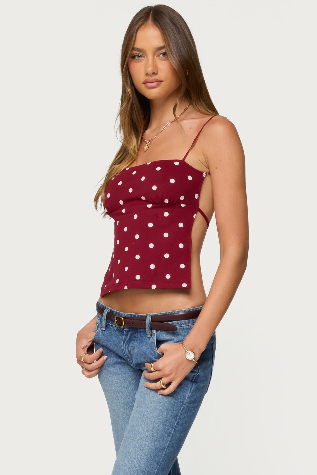 Jinx Open Back Top - Polka Dot Print, Cotton Spandex, Shoe String Straps, Tieback