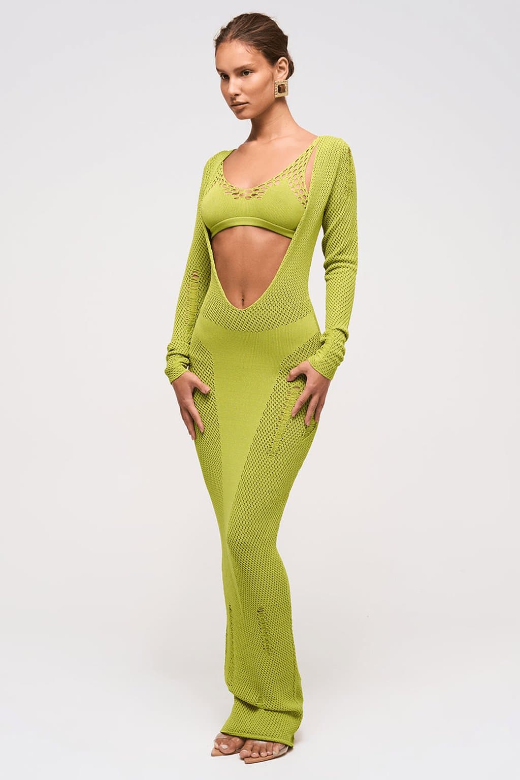 Fig Leaf Scooped Neckline Knit Maxi Dress - Crochet Panel Bodycon Fit Full Sleeve