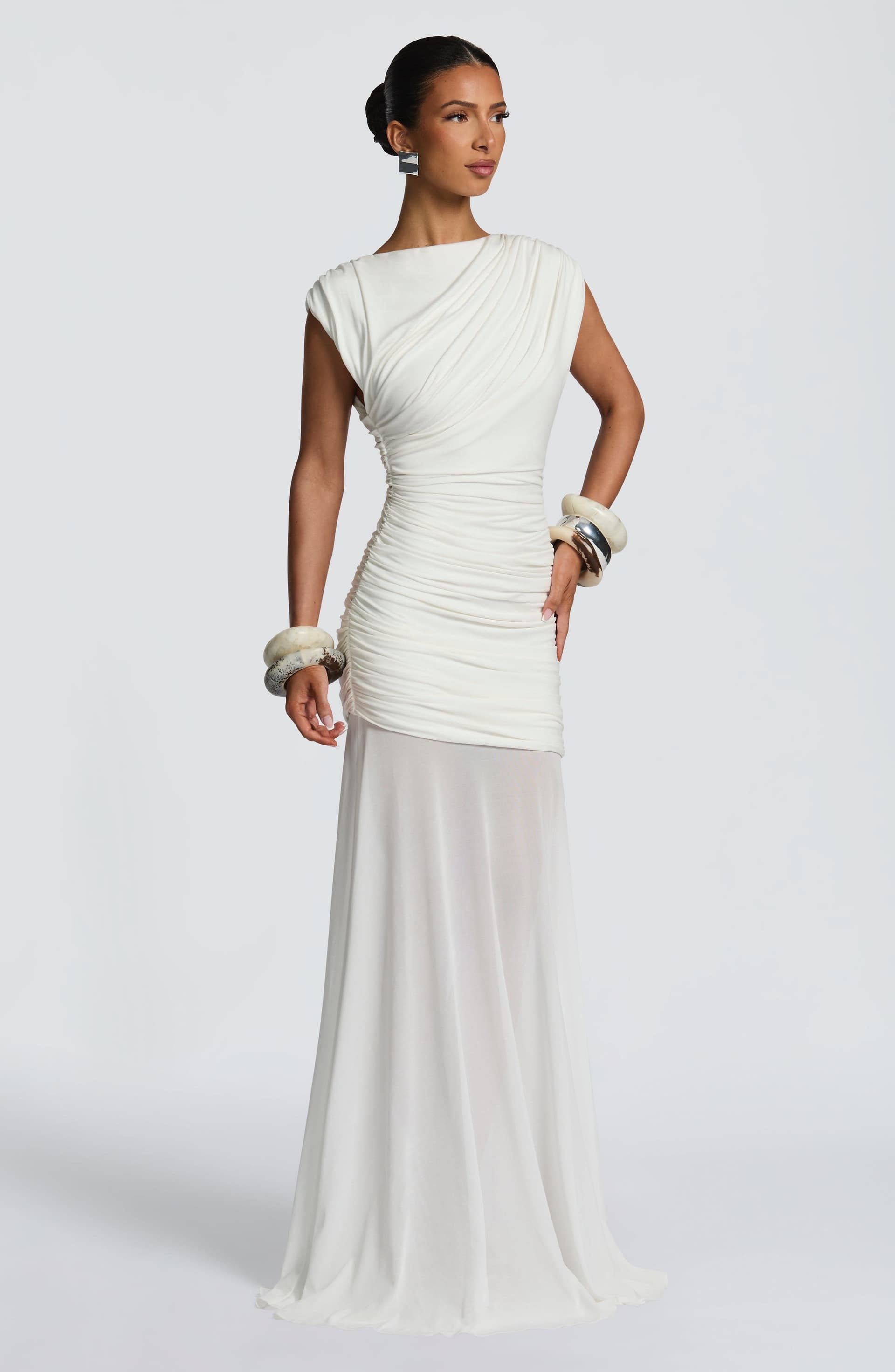 Demelza Maxi Dress in Ivory - Modal Jersey with Mesh, Boat Neck, Ruching