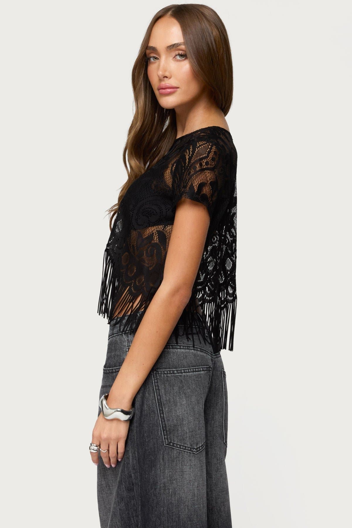 Kira Sheer Lace Fringe Top - Polyester Women's Blouse Size S