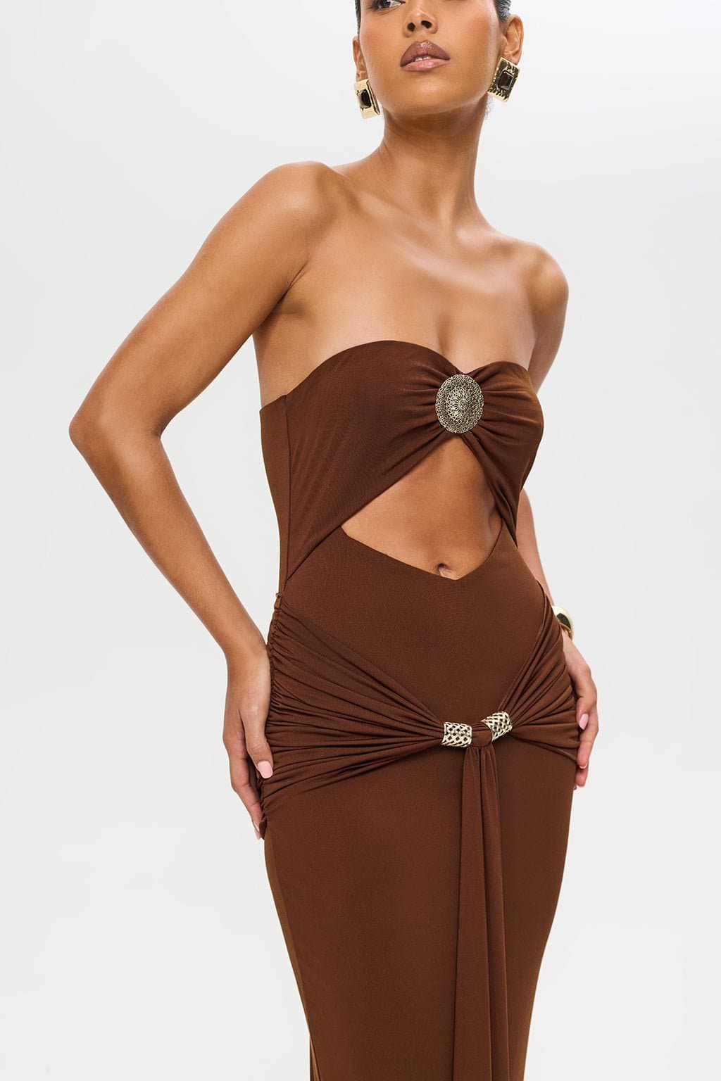 Gemini Maxi Dress - Bandeau Neckline Gold Cleo Hardware Cut-Out Bodice