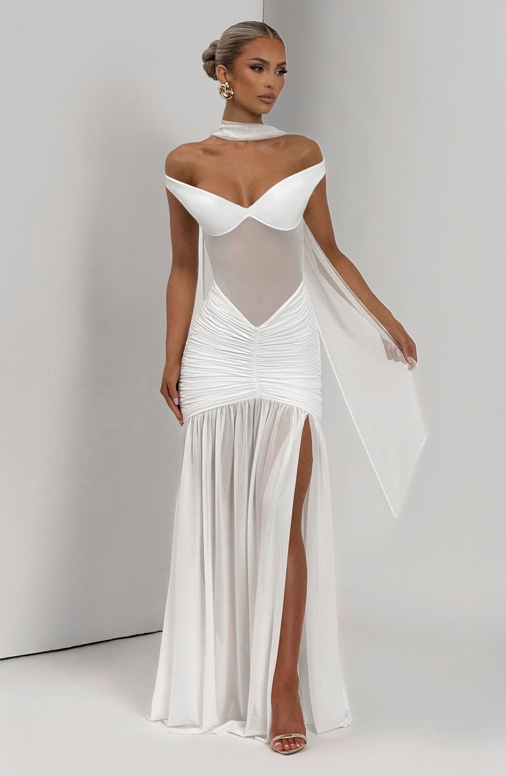 Alaia Maxi Dress in Ivory - Slinky Jersey Sheer Mesh Sweetheart Neckline