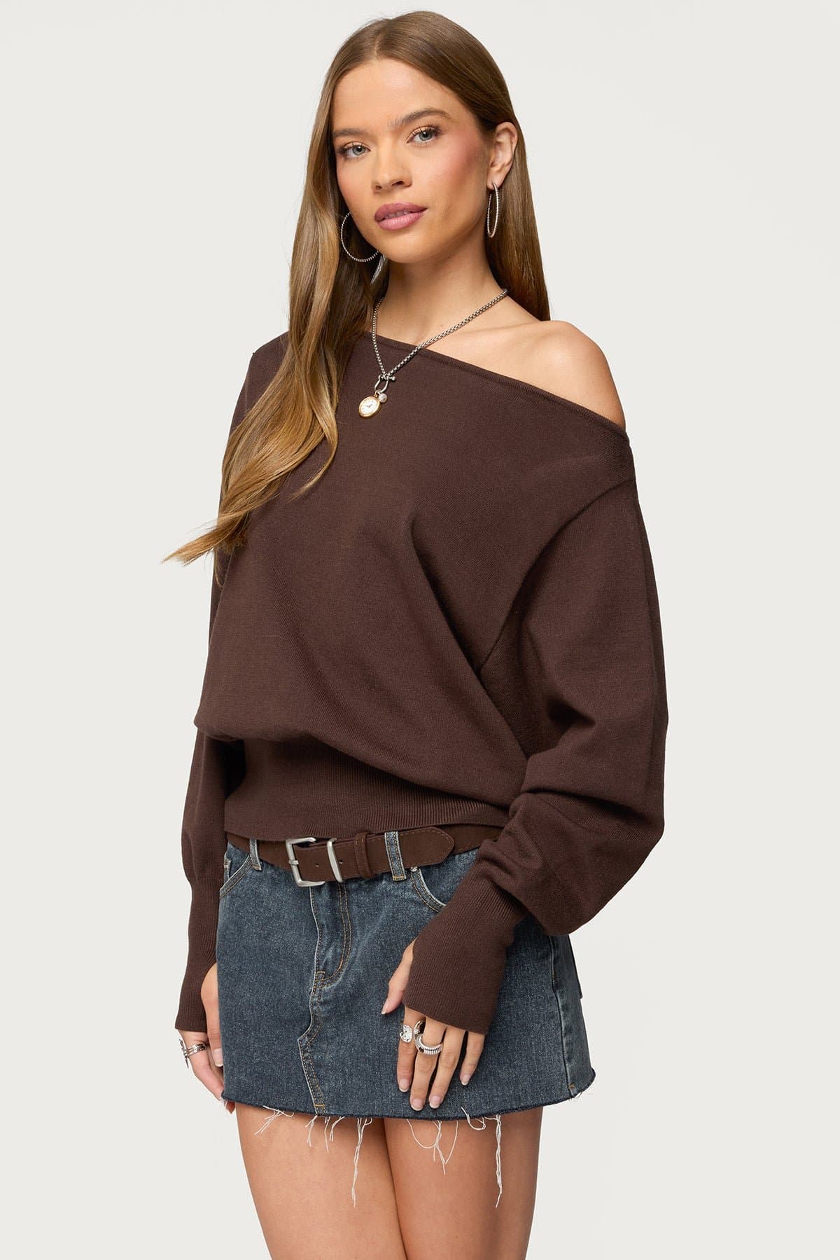 Off Shoulder Oversized Acrylic Sweater with Thumb Holes - Elastic Hem & Cuffs