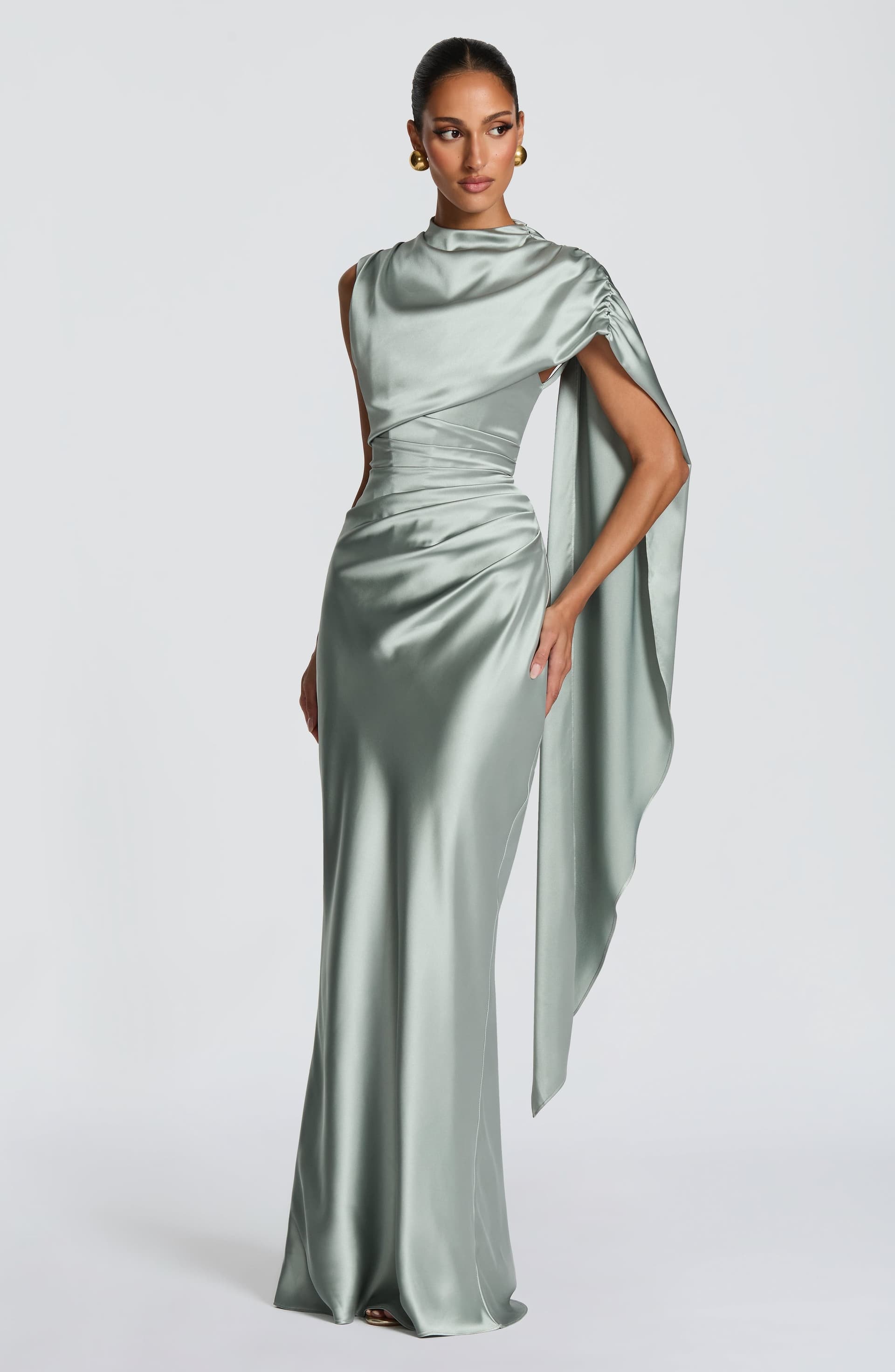 Avendra Maxi Dress - Sage Green Satin High Neck Cape Overlay Lace-Up Back