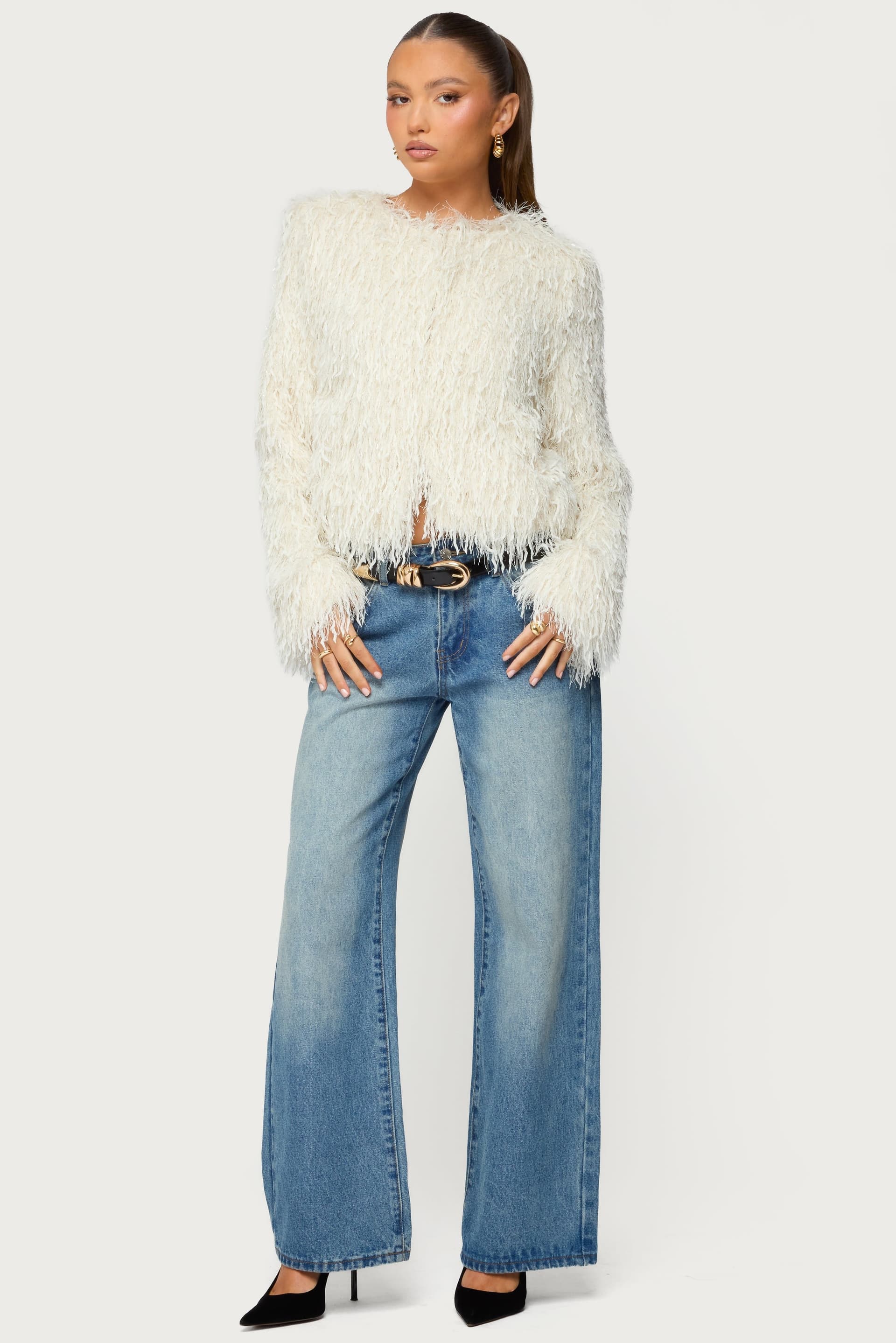 Aleandra Fringed Faux Feather Jacket - Polyester with Metallic Detailing