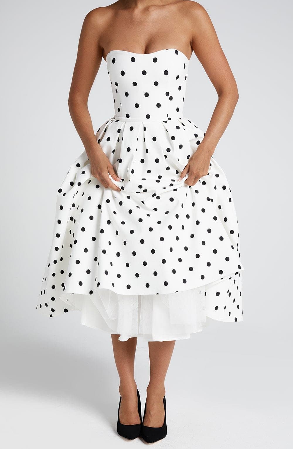 Edith Midi Dress Black Polka Dot Print Stretch Bengaline Strapless