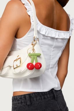 Cherry Crochet Keychain - Cotton Acrylic Fabric Gold Tone Metal 2.6 Inch