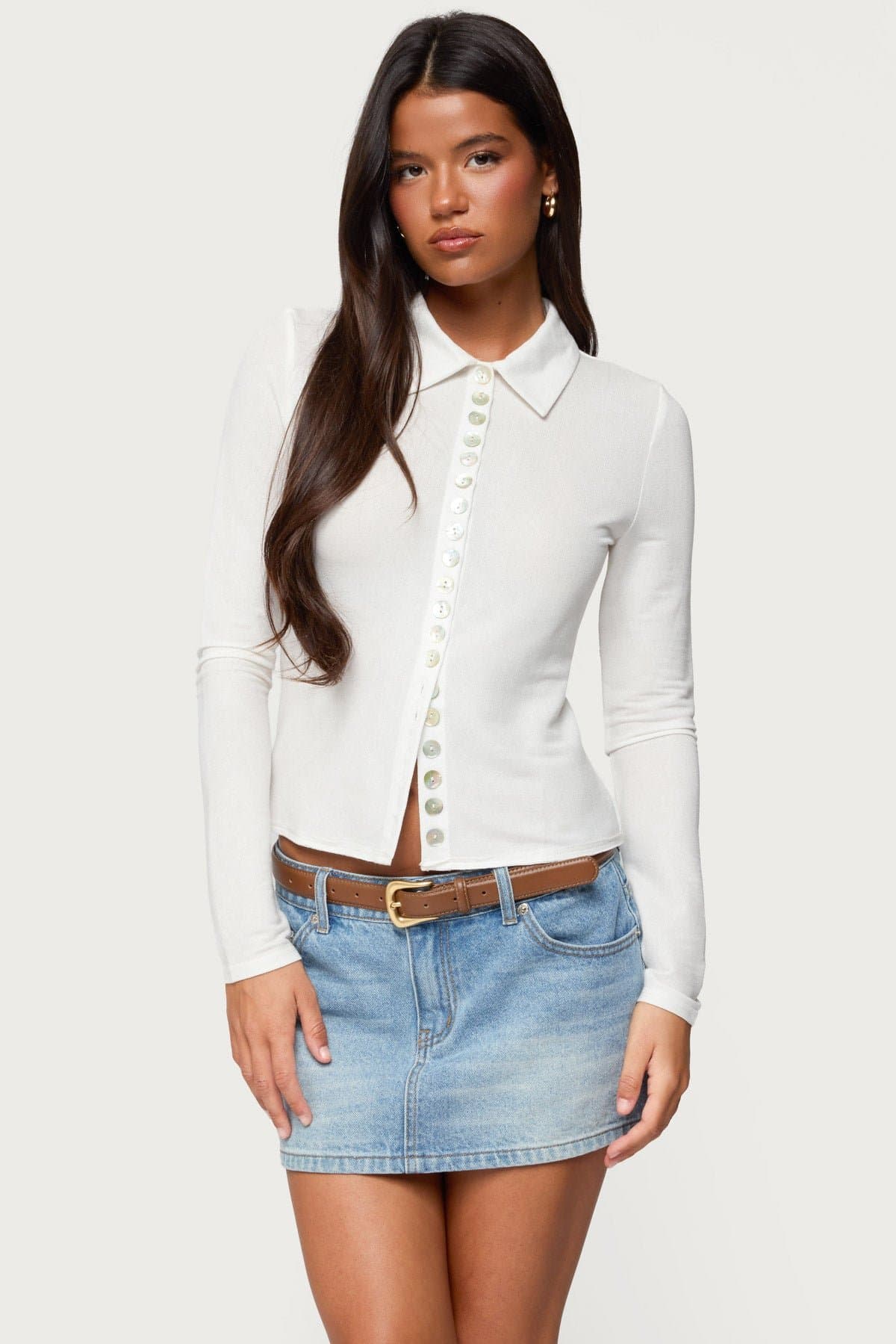 Pennie Iridescent Button Up Shirt - Fitted Long Sleeve Rayon Spandex