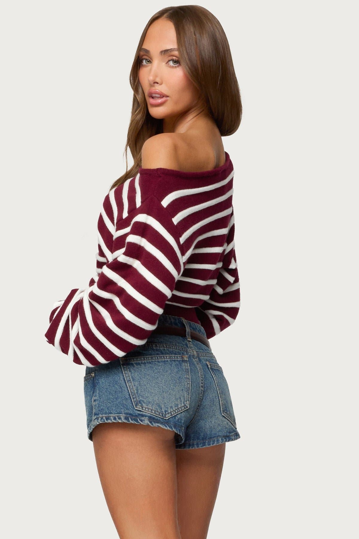 Mika Off Shoulder Oversized Striped Knit Sweater - Rayon Polyester Nylon
