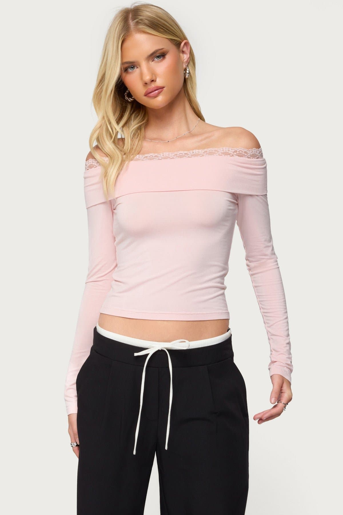 Janus Lacey Fold Over Off Shoulder Top - Long Sleeve Rayon Spandex