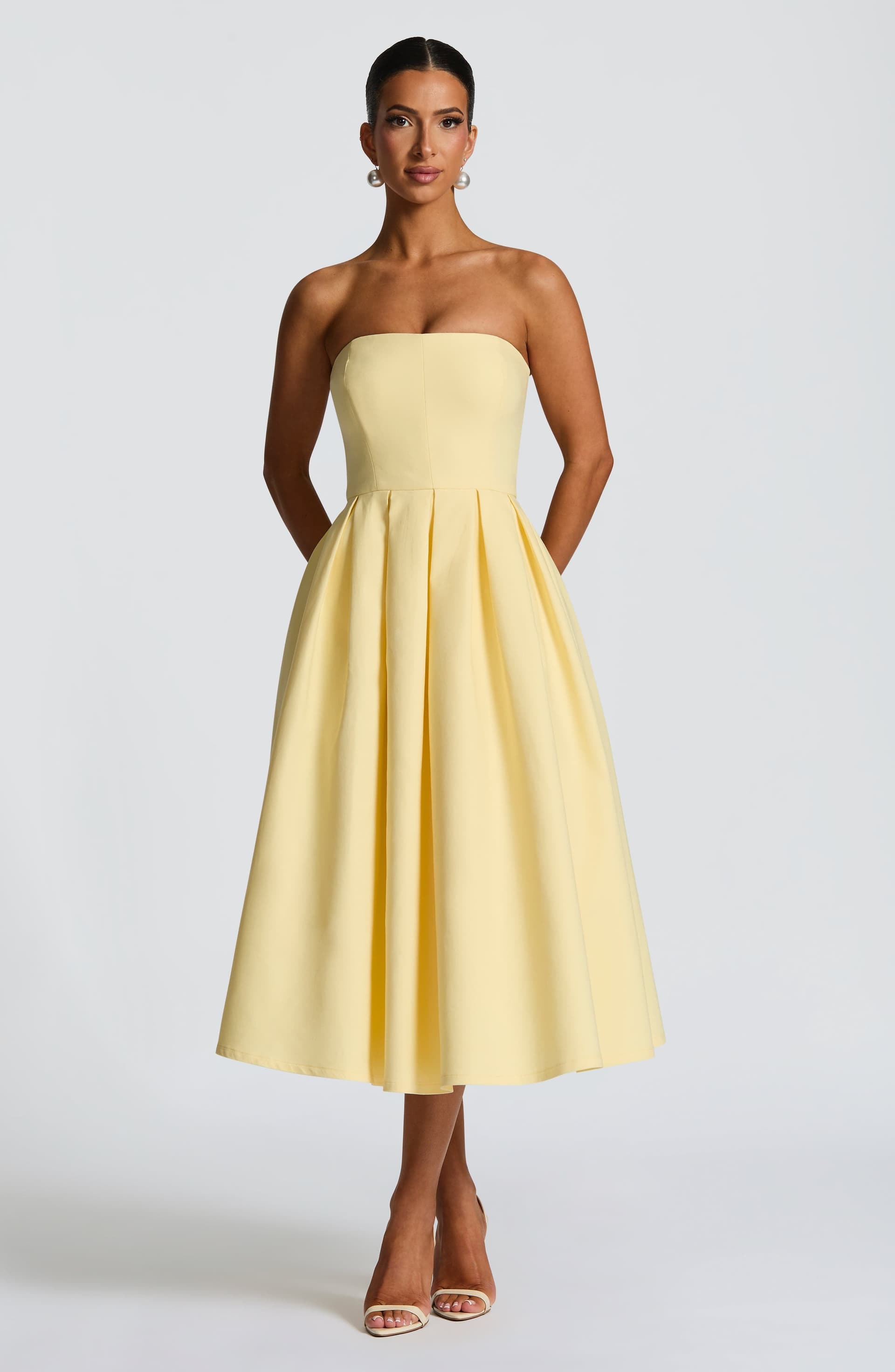 Edith Strapless Midi Dress in Lemon - Stretch Bengaline with Boning