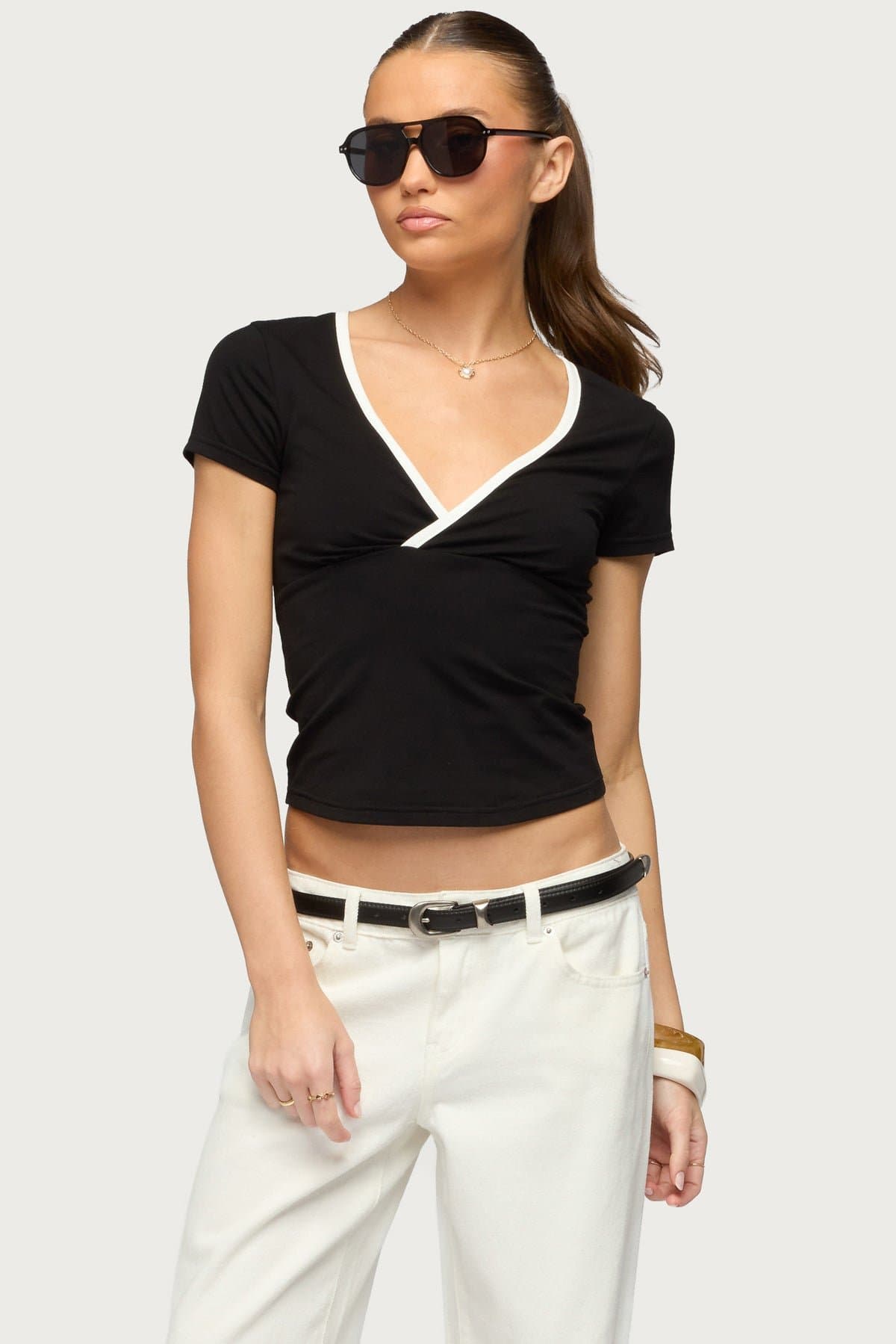 Yulenna Contrast V Neck Top with Wrap Detail - Cotton Spandex