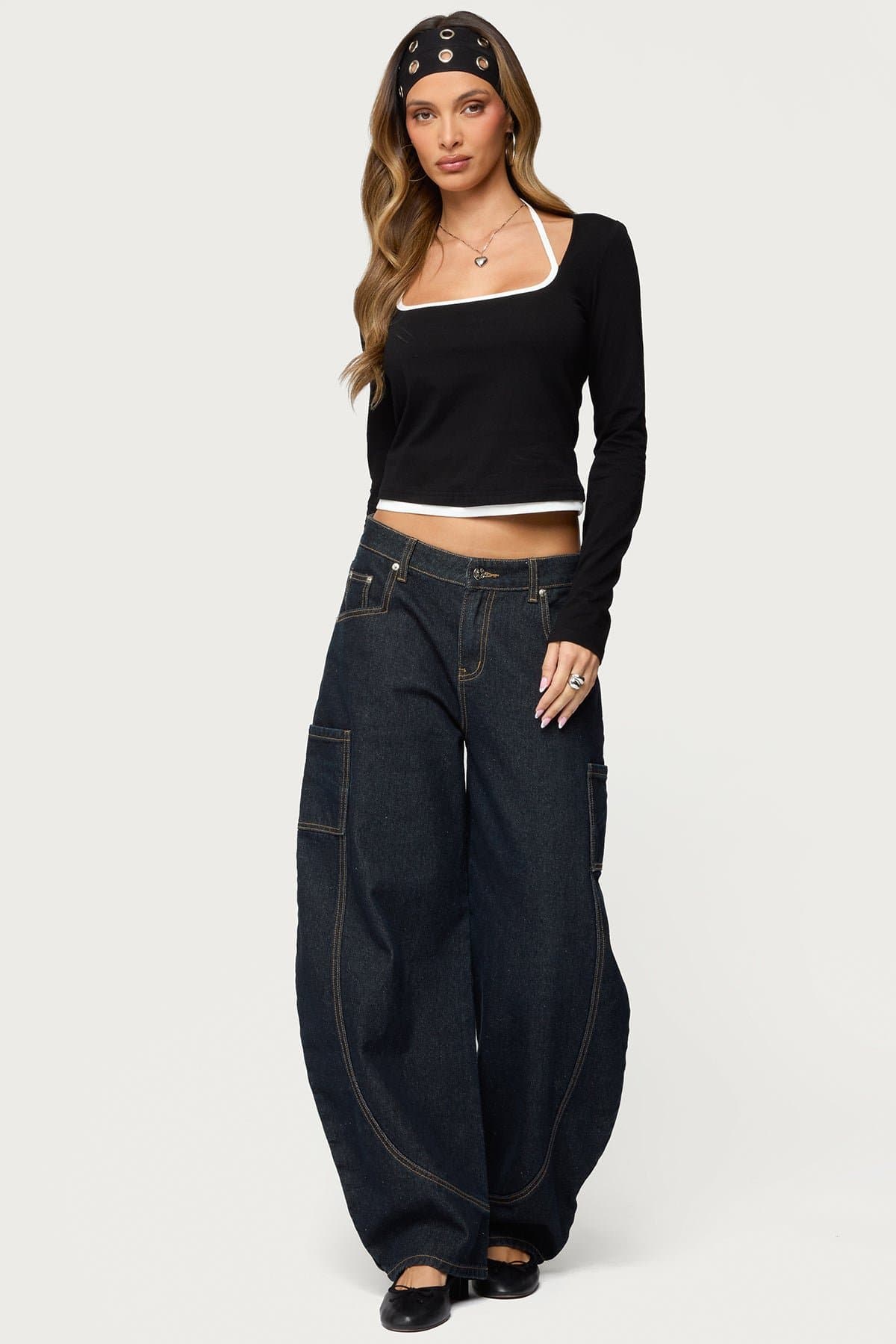 Ksenia Contrast Layered Square Neck Long Sleeve Top - Cotton Spandex