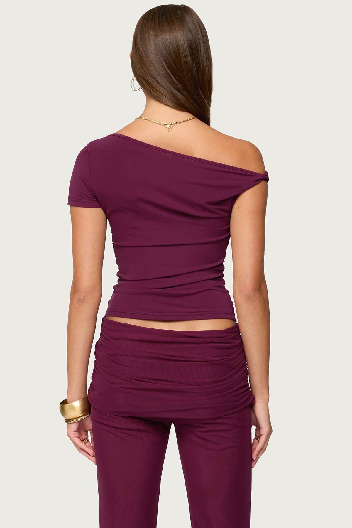 Halli Twisted Off Shoulder Top - Single Short Sleeve Mesh Nylon Spandex