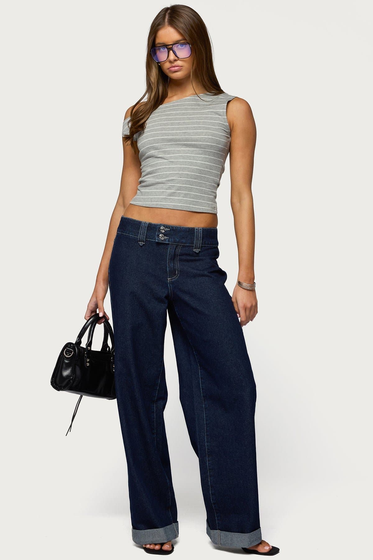 Cuffed Low Rise Straight Leg Jeans in Rigid Cotton Denim