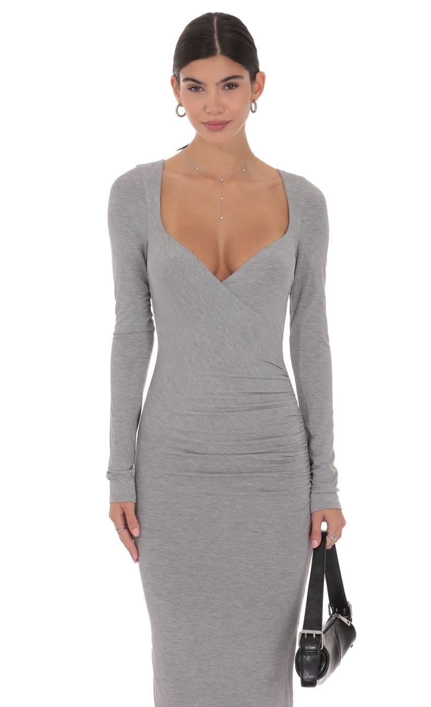 V-Neck Long Sleeve Maxi Dress in Grey