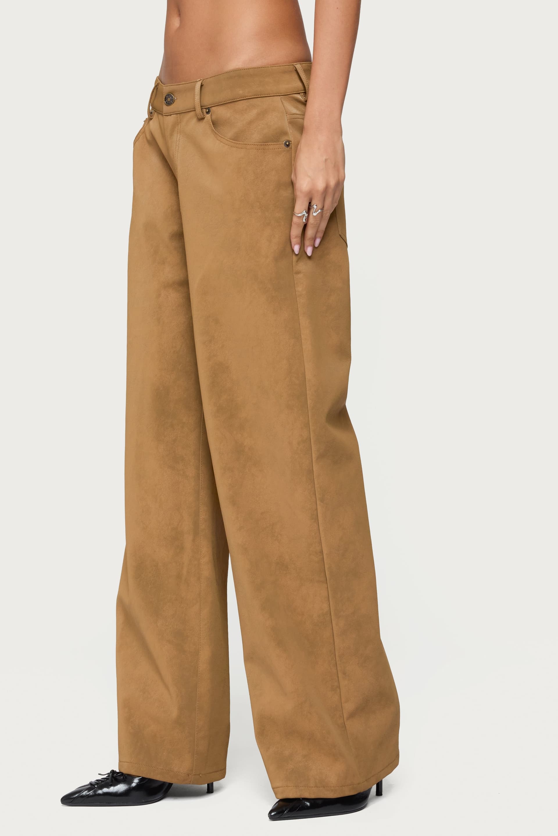 Stacey Low Rise Faux Suede Straight Leg Pants - Polyurethane Cotton Small Inseam 30.9"