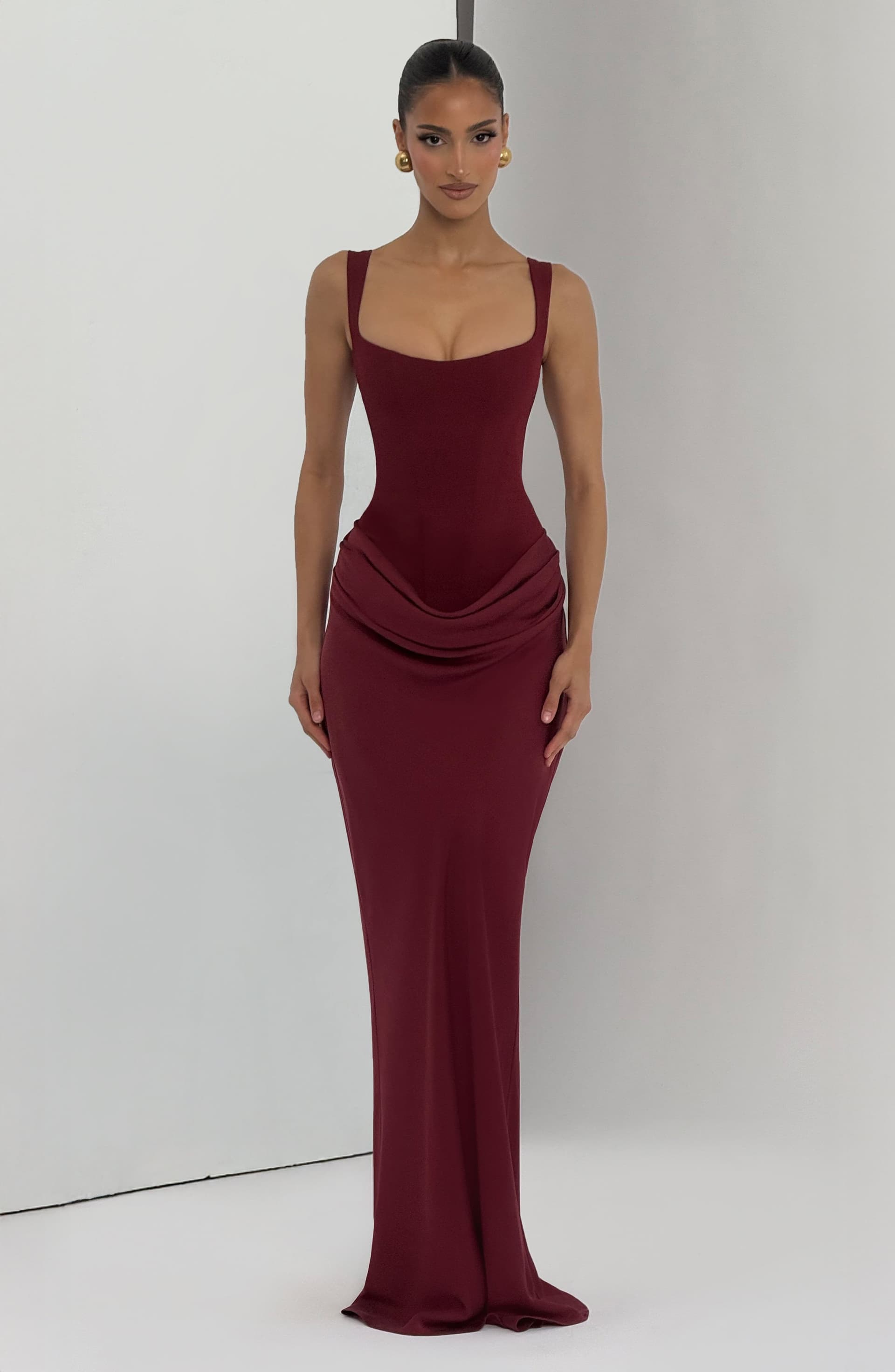 Cornelia Maxi Dress in Burgundy - Crepe Bodice Lyocell Skirt Square Neck Boned