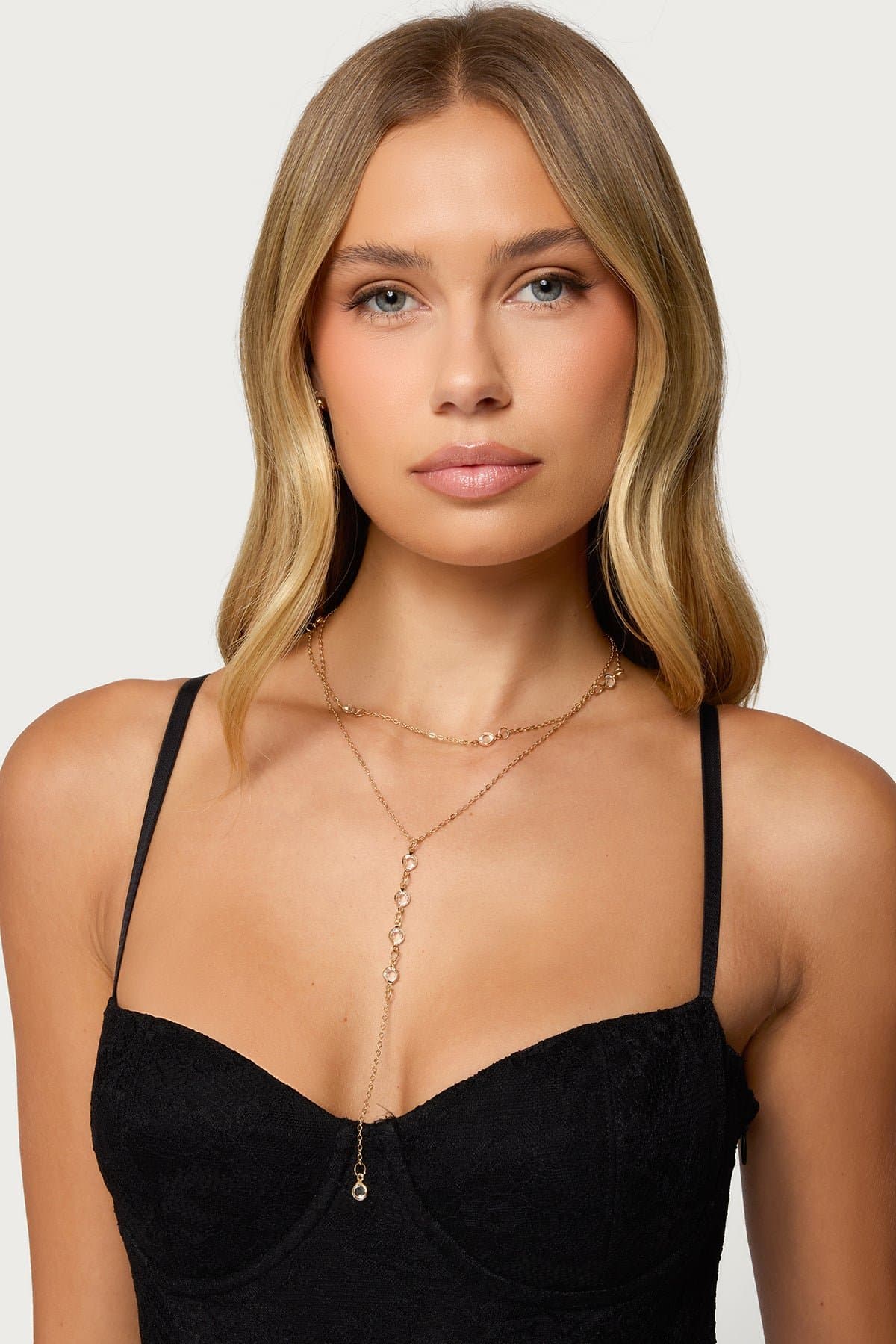 Stone Layered Cascading Necklace Gold Tone Metal 15.7 Inch Length