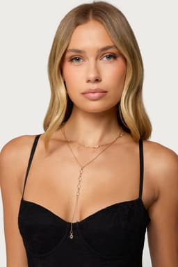 Stone Layered Cascading Necklace Gold Tone Metal 15.7 Inch Length