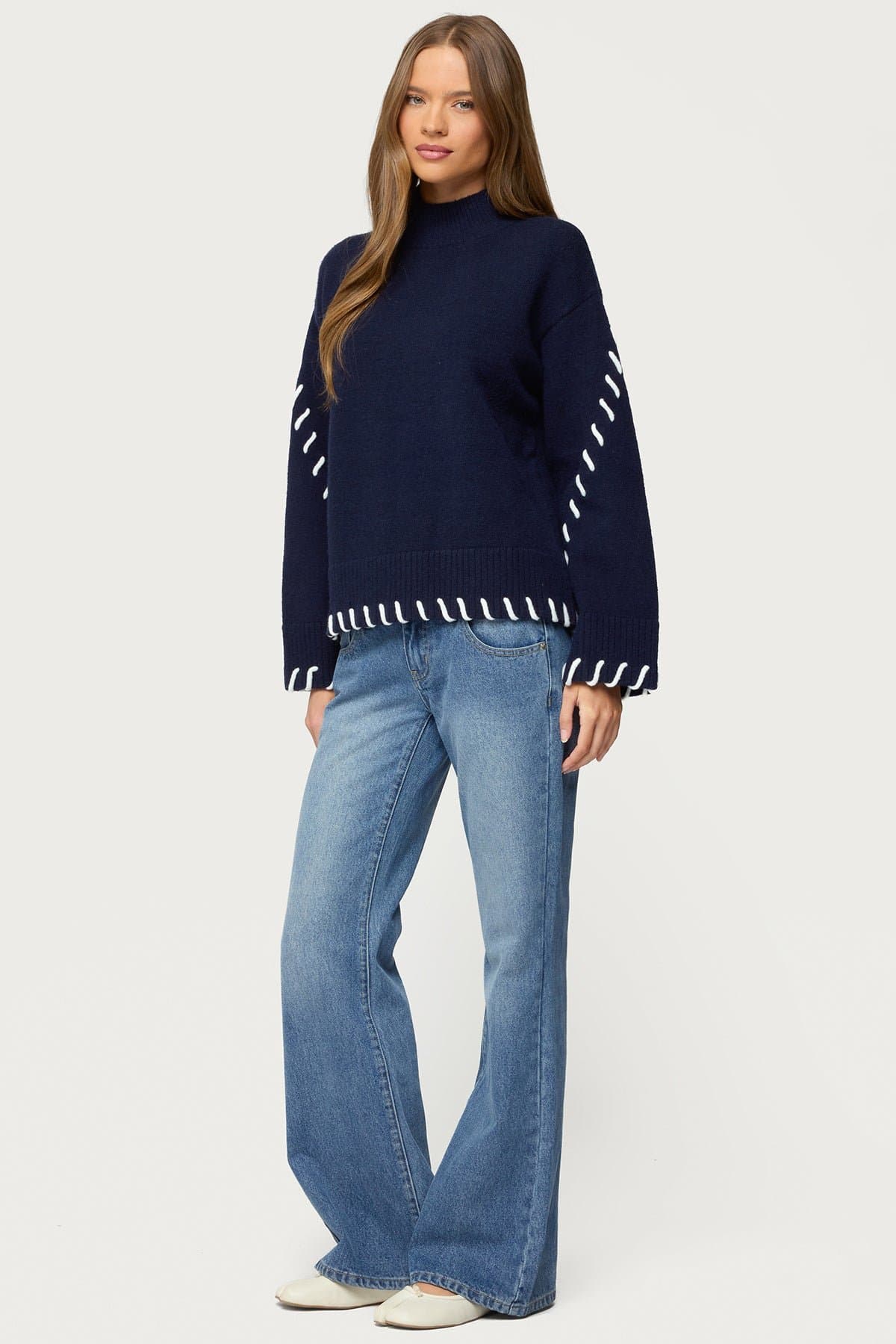 Indah Contrast Stitch Oversized Turtle Neck Acrylic Knit Sweater