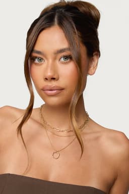 Layered Mixed Chain Necklace with Ring Pendant Gold Tone 14.6 Inch