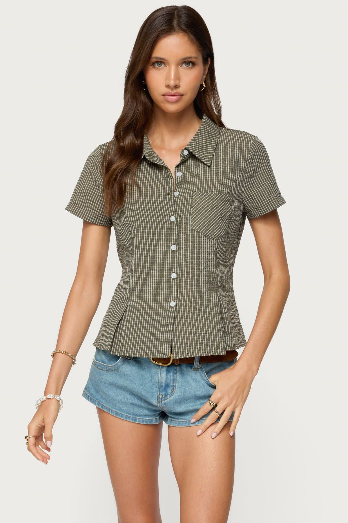 Alisa Plaid Tailored Button Up Shirt - Cotton Polyester Classic Collar Pleated Detailing