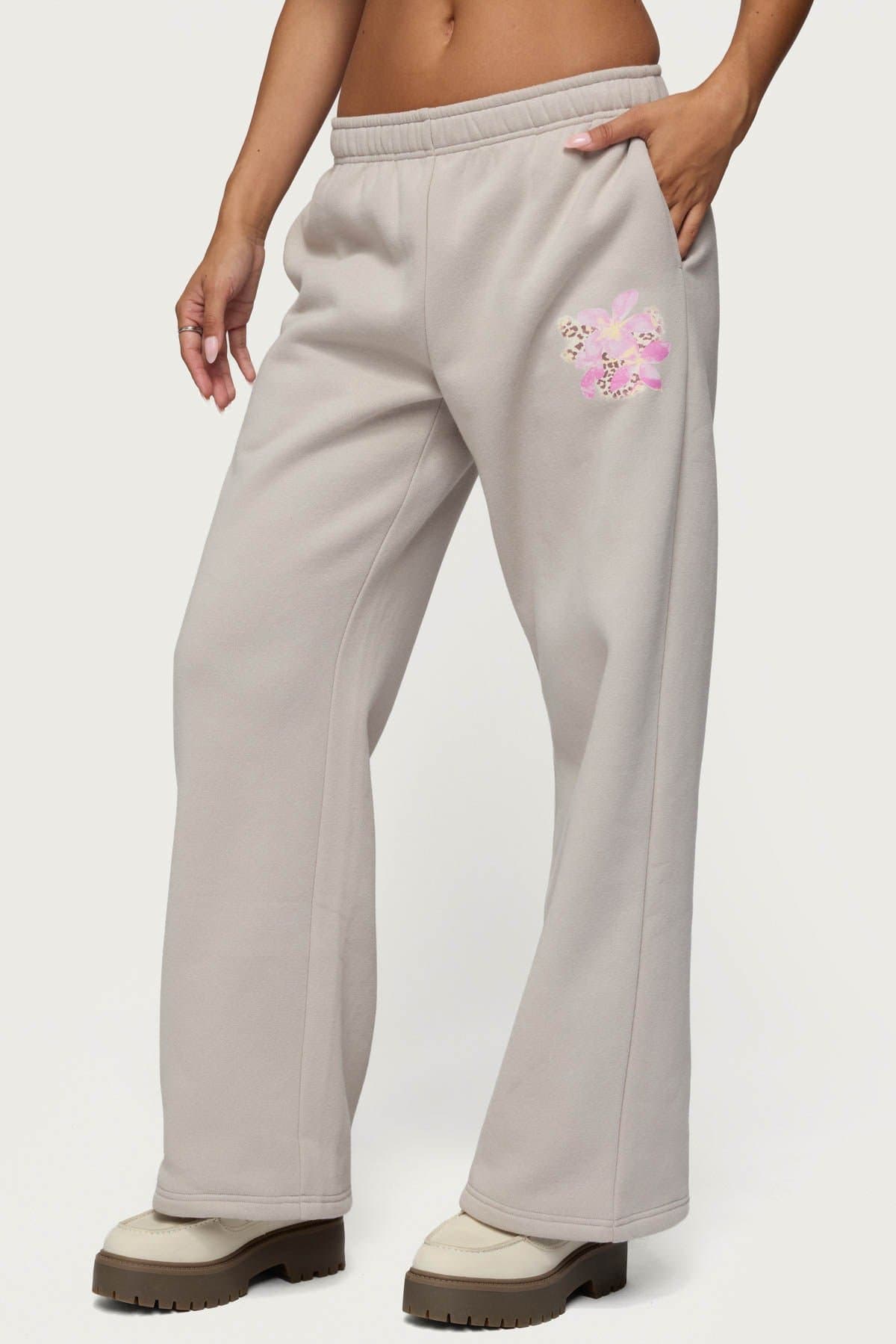 Wild Petal Sweatpants - Flower Leopard Print, Polyester Cotton, Elastic Waistband Straight Leg