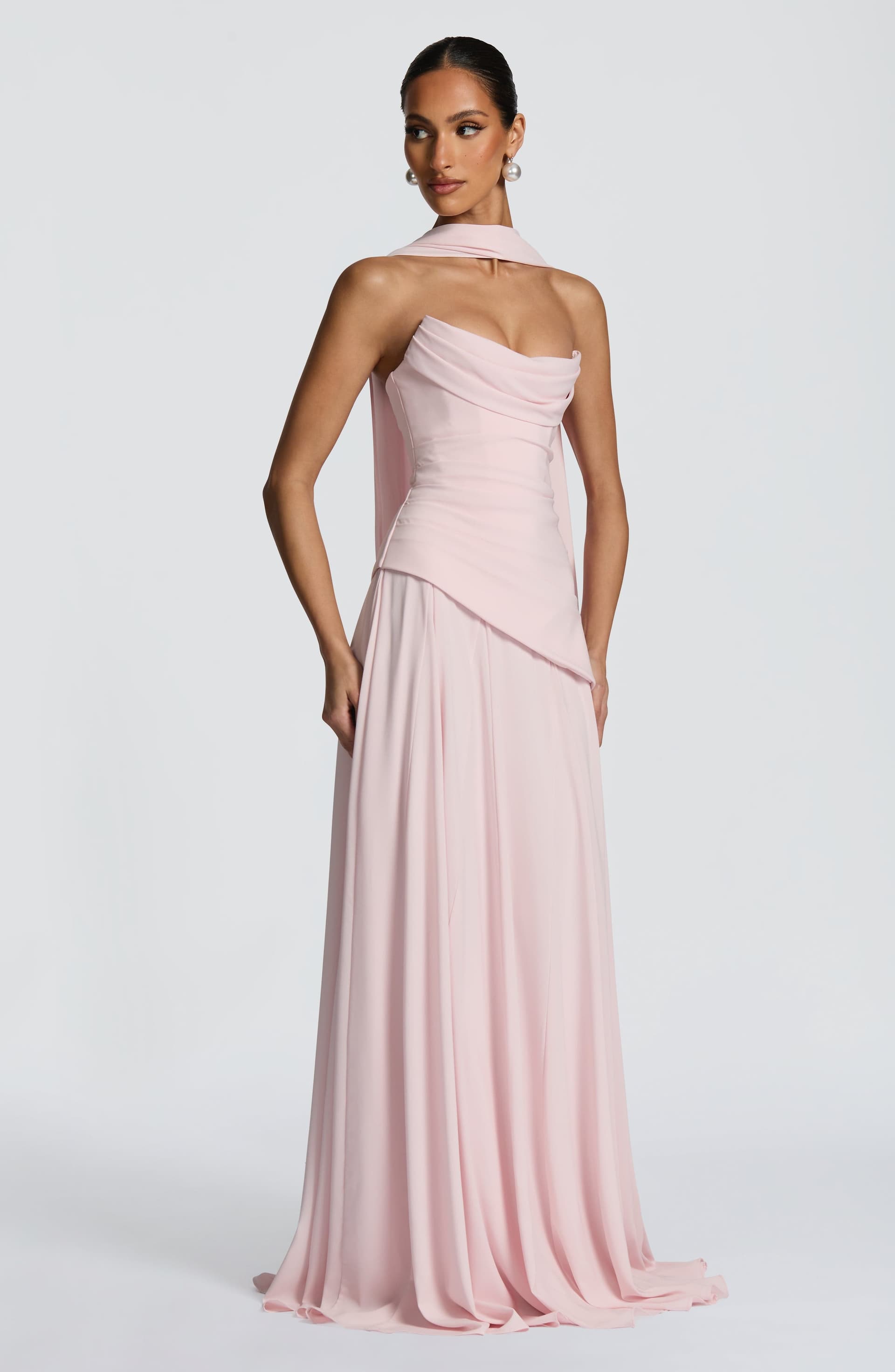 Patricia Maxi Dress - Blush Chiffon with Lace-Up Back, Scooped Neckline