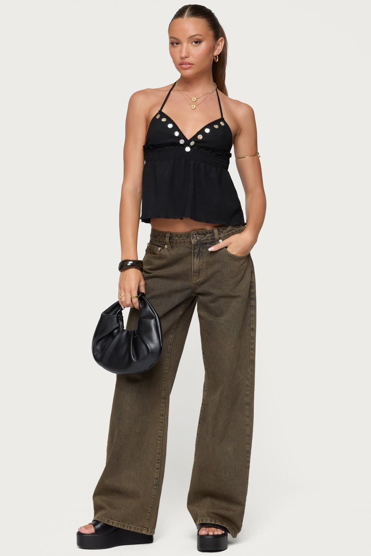 Textured Iridescent Babydoll Halter Top - Lace Ruffle Smocked Polyester Spandex