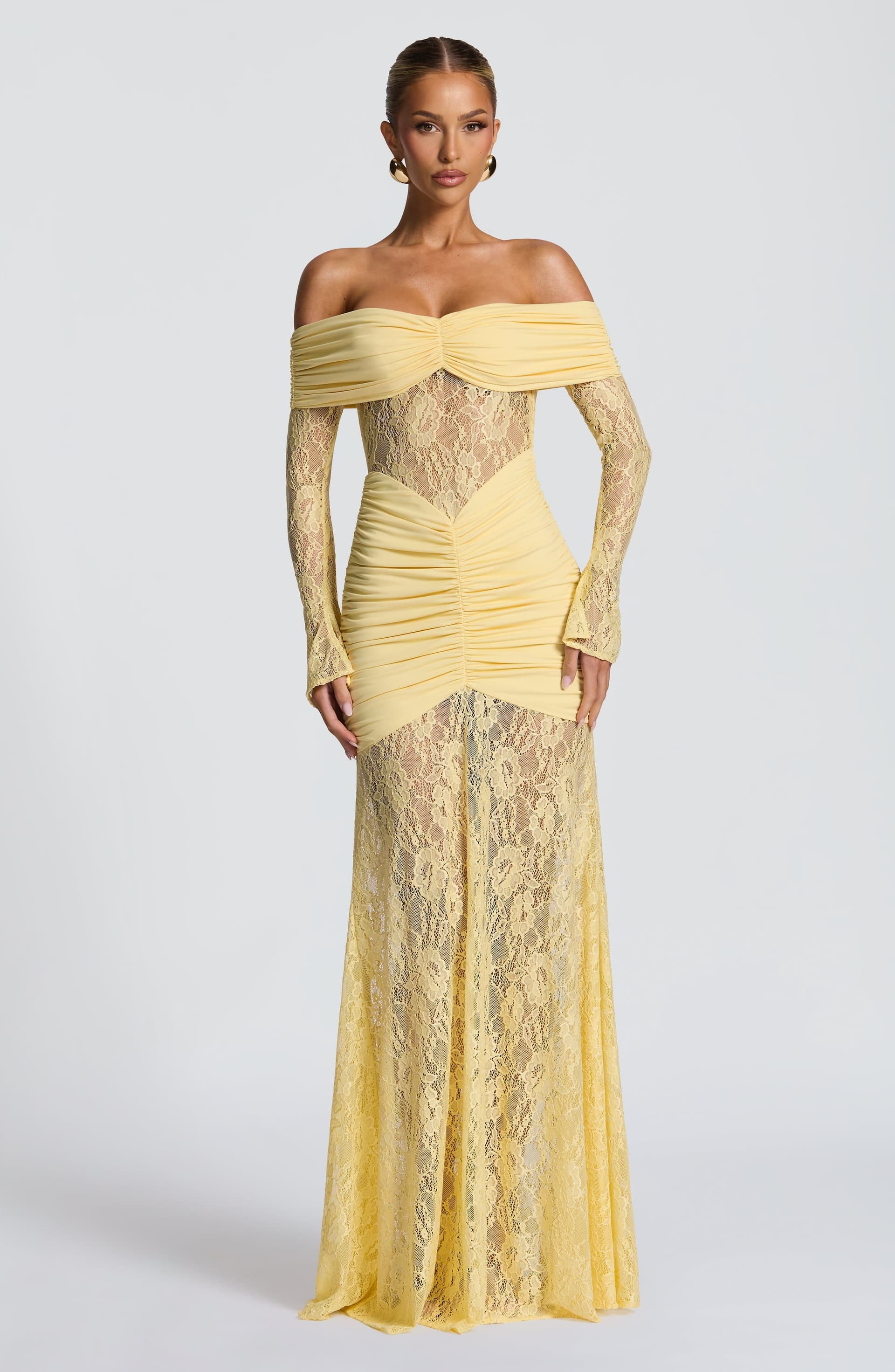 Sauline Maxi Dress in Lemon - Stretch Jersey Floral Lace Long Sleeve